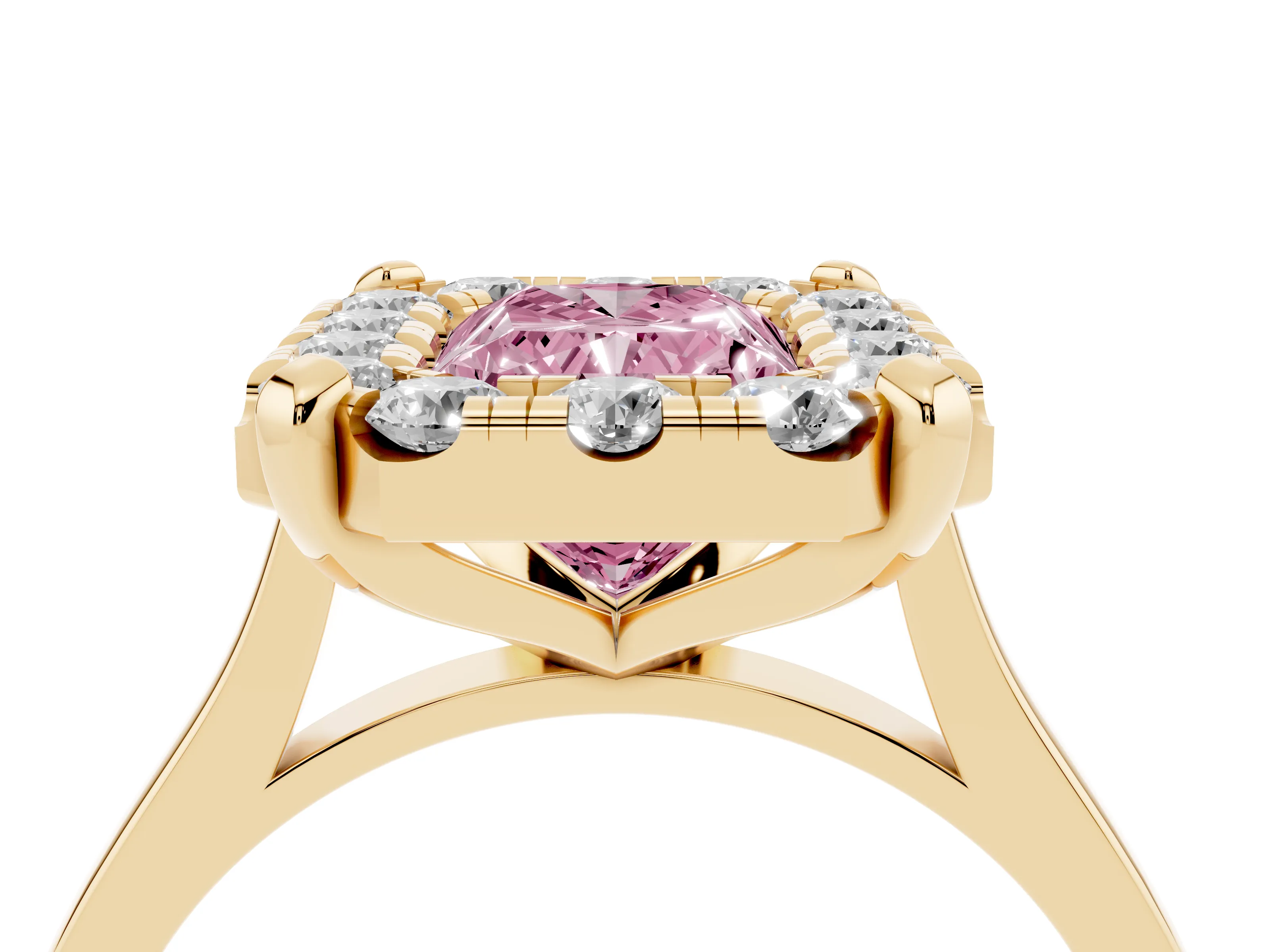 Fancy Pink Radiant Cut Diamond Cluster Halo Solitaire Ring Set in Yellow gold with Prong Setting