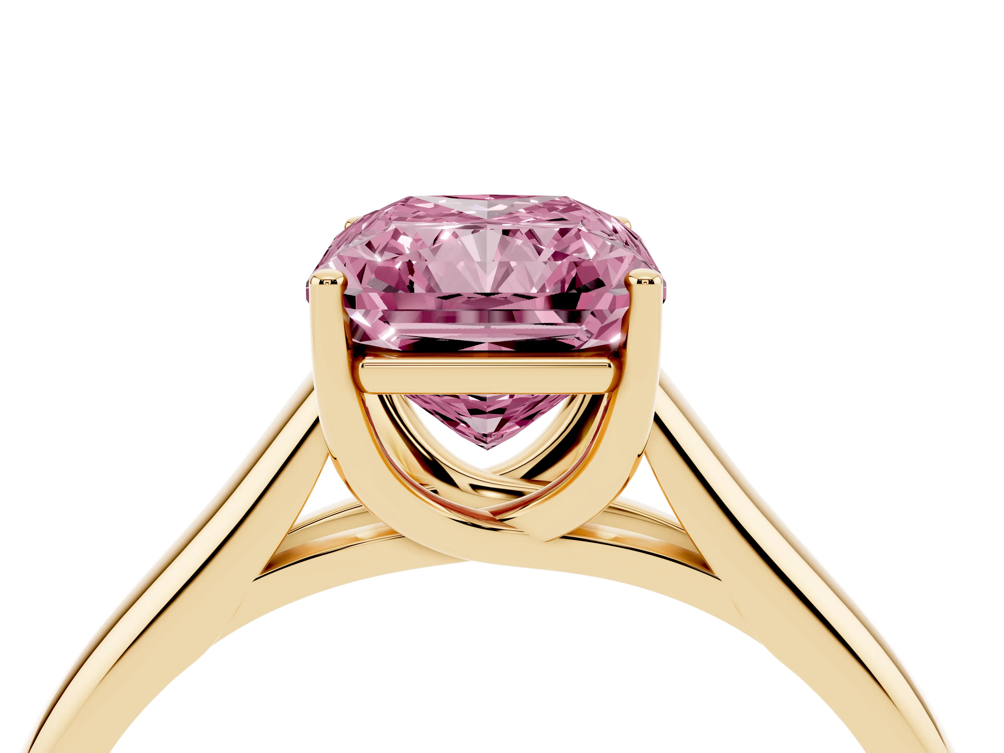Fancy Pink Radiant Cut Diamond Solitaire Engagement Ring Set in Yellow gold with Subtly Tapered Band and Prong Setting