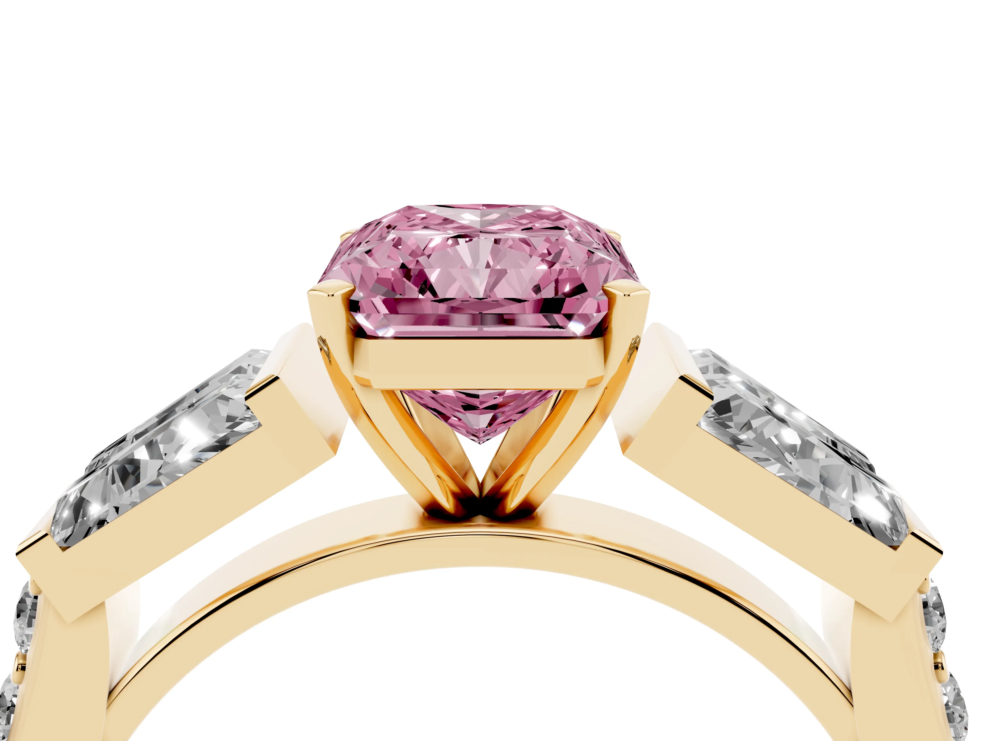 Fancy Pink Radiant Cut Diamond Engagement Ring Set in Yellow gold with Baguette Side Stones and Channel Set Band