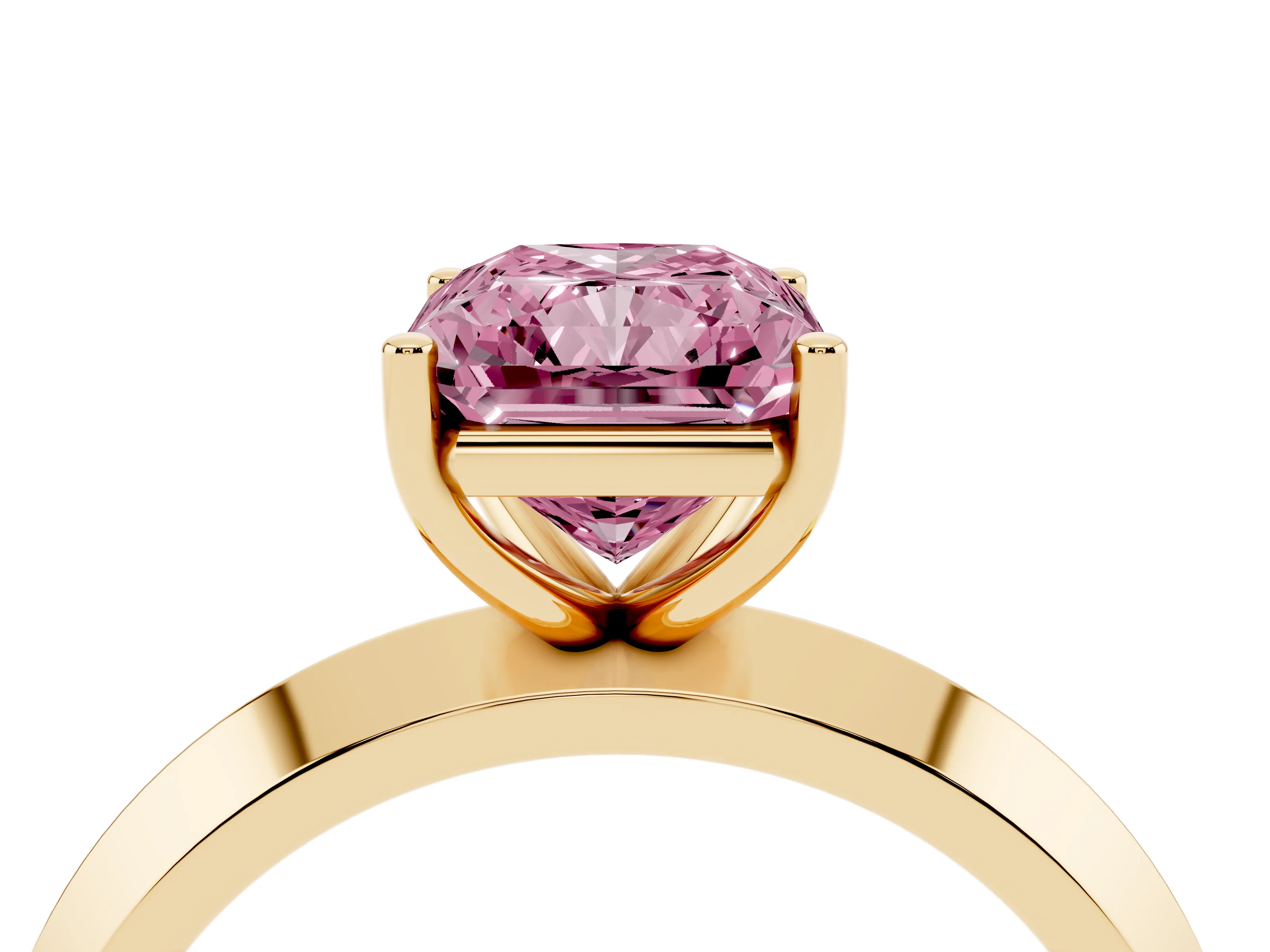 Fancy Pink Radiant Cut Diamond Solitaire Engagement Ring Set in Yellow gold with Flat Band and Prong Setting