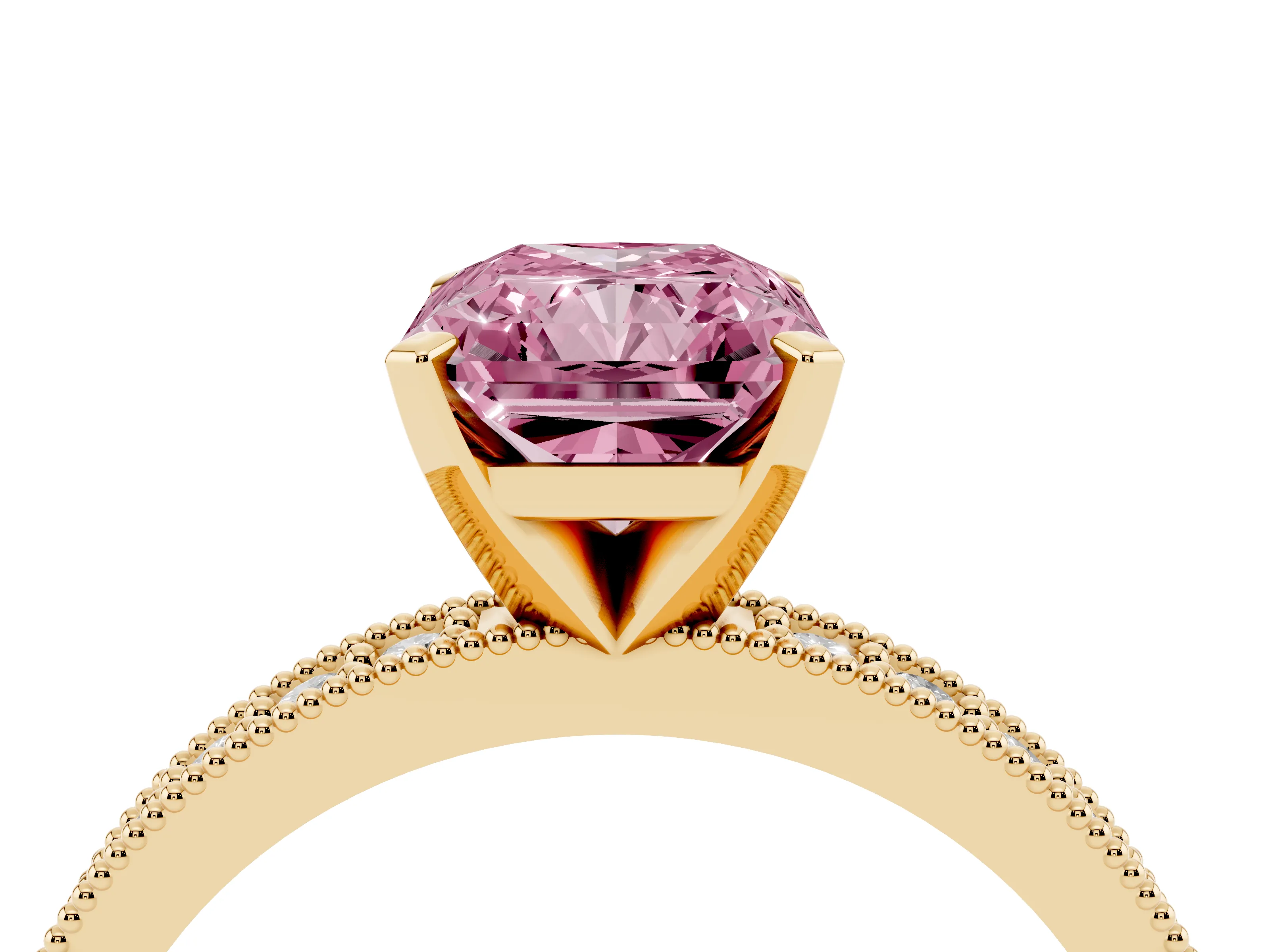 Fancy Pink Radiant Cut Diamond Milgrain Pavé Engagement Ring Set in Yellow gold with Prong Setting