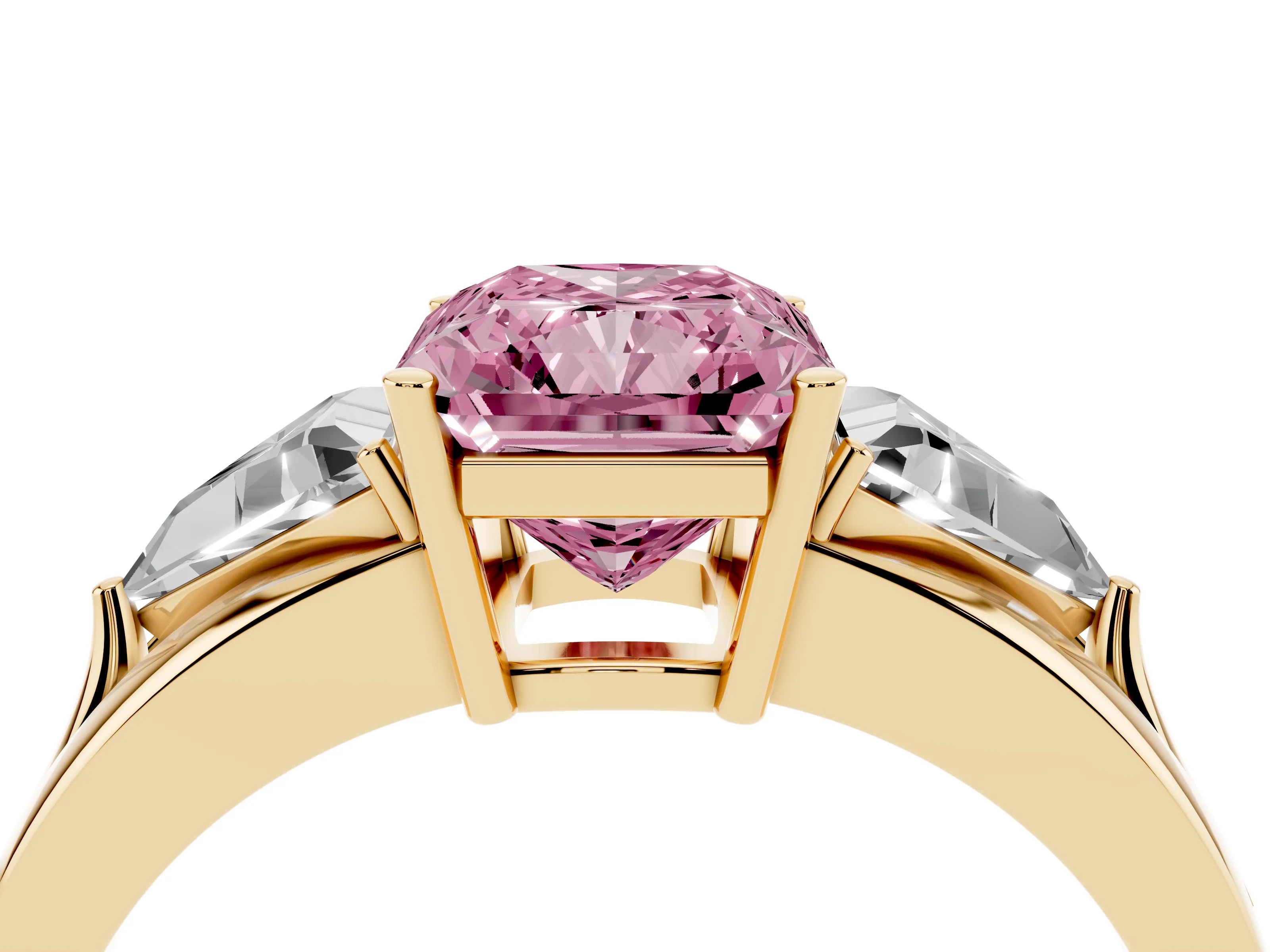 Fancy Pink Radiant Cut Diamond Three-Stone Ring Set in Yellow gold with Trillion Side Stones and Split Shank