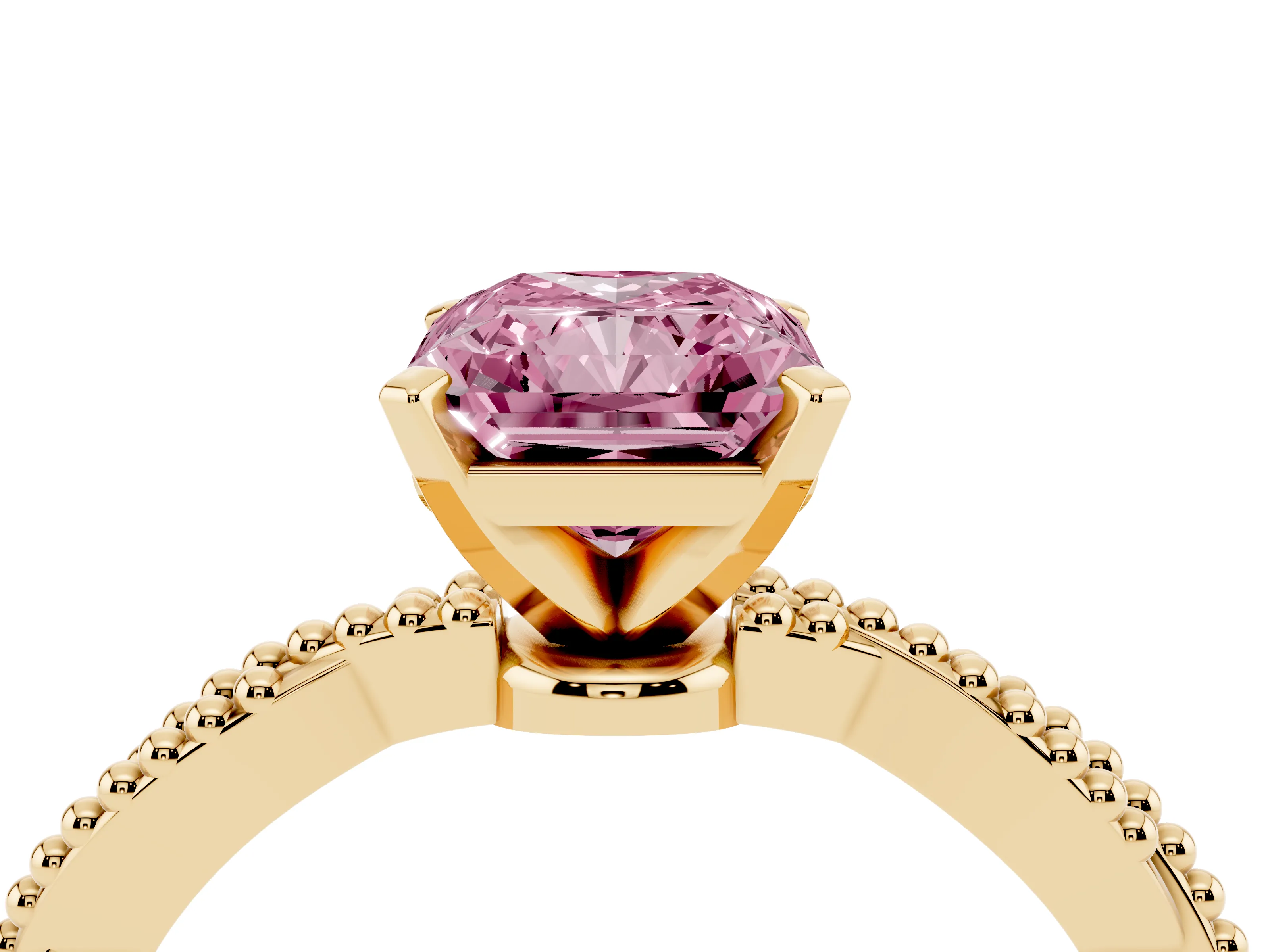 Fancy Pink Radiant Cut Diamond Solitaire Ring Set in Yellow gold with Twisted Band and Bead Prong Setting