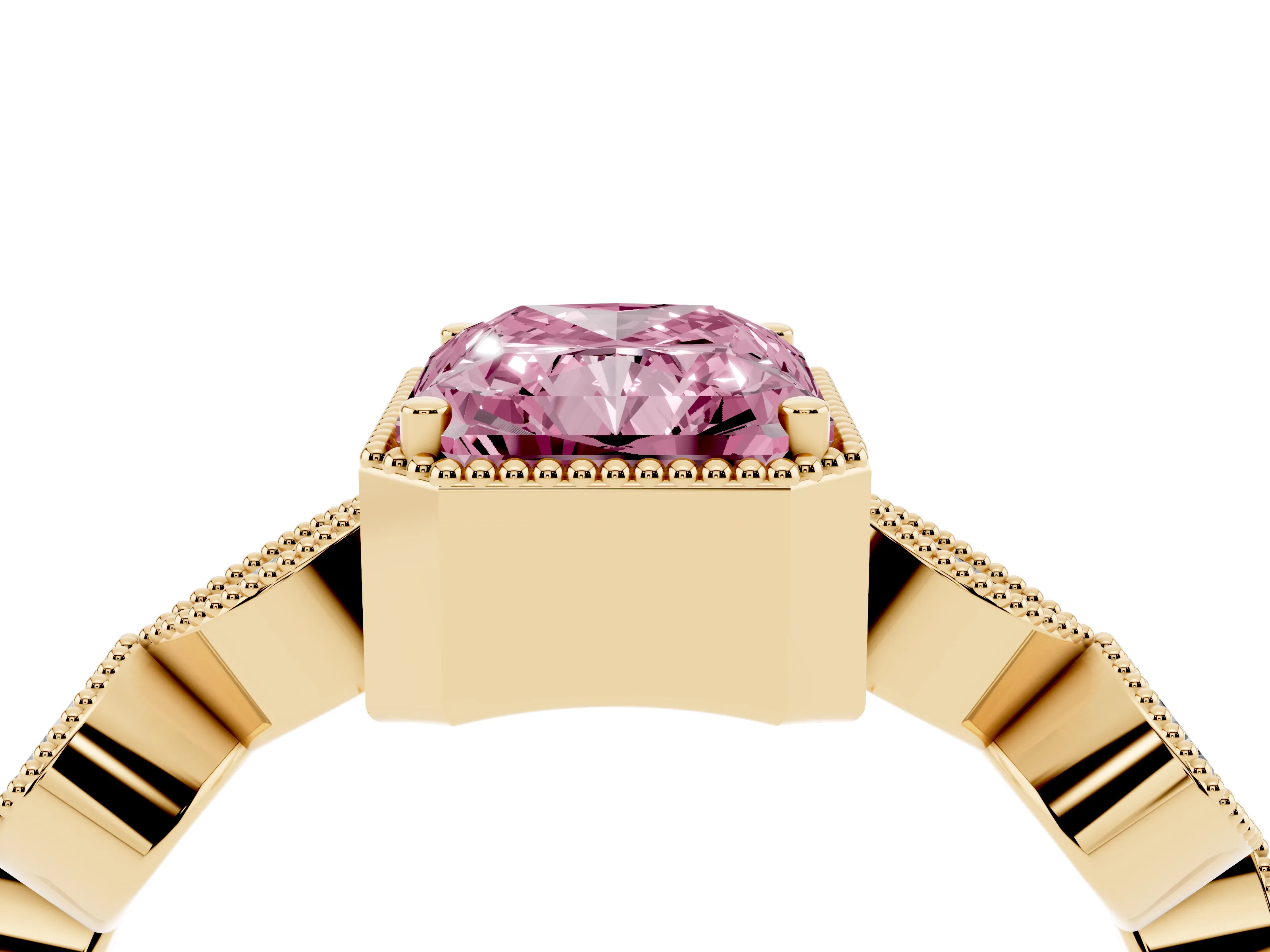 Fancy Pink Radiant Cut Diamond Vintage-Inspired Milgrain Ring Set in Yellow gold with Marquise Stations of Round Accents