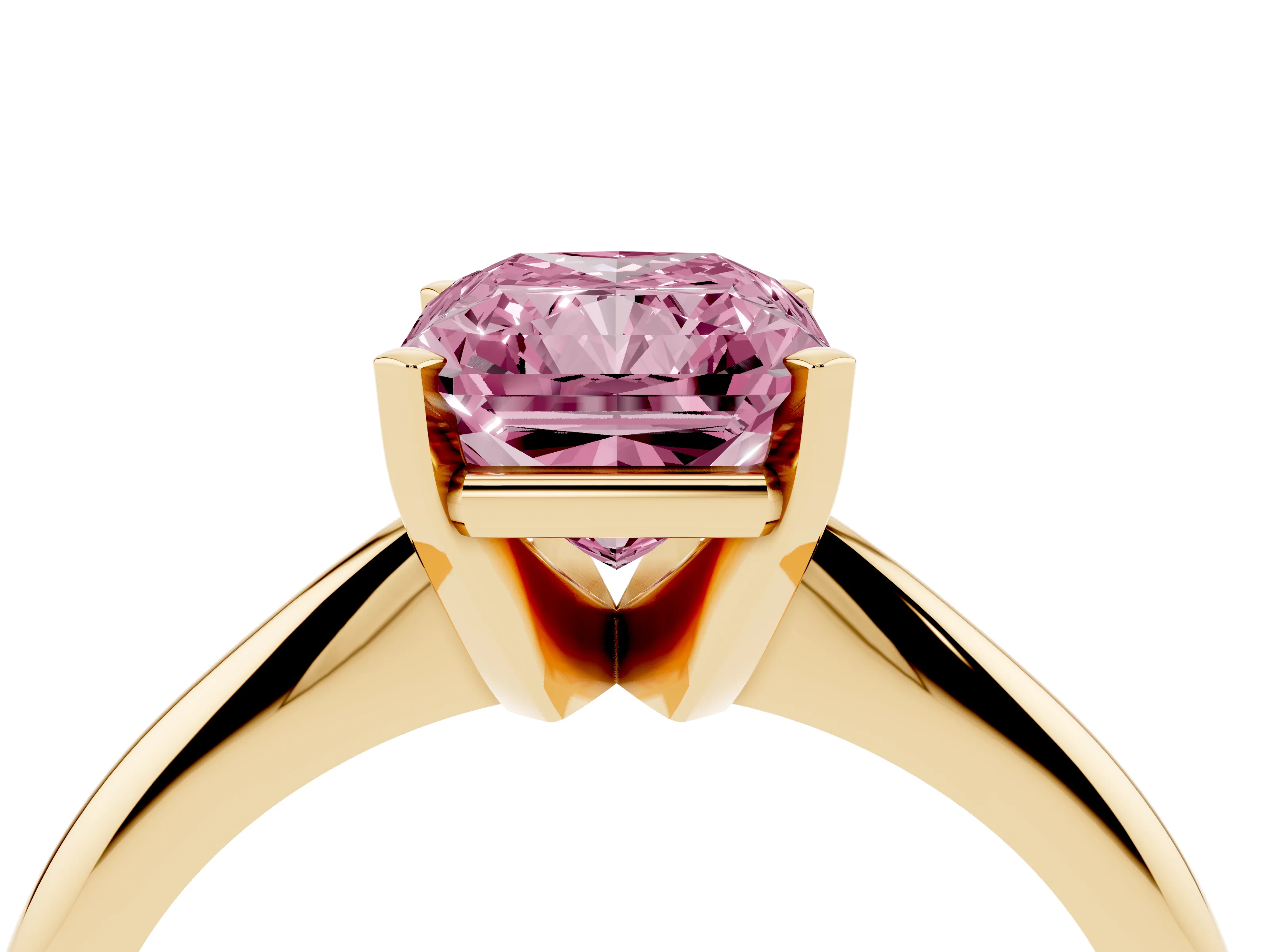 Fancy Pink Radiant Cut Diamond Solitaire Ring Set in Yellow gold with Prong Setting on a Plain Round Band