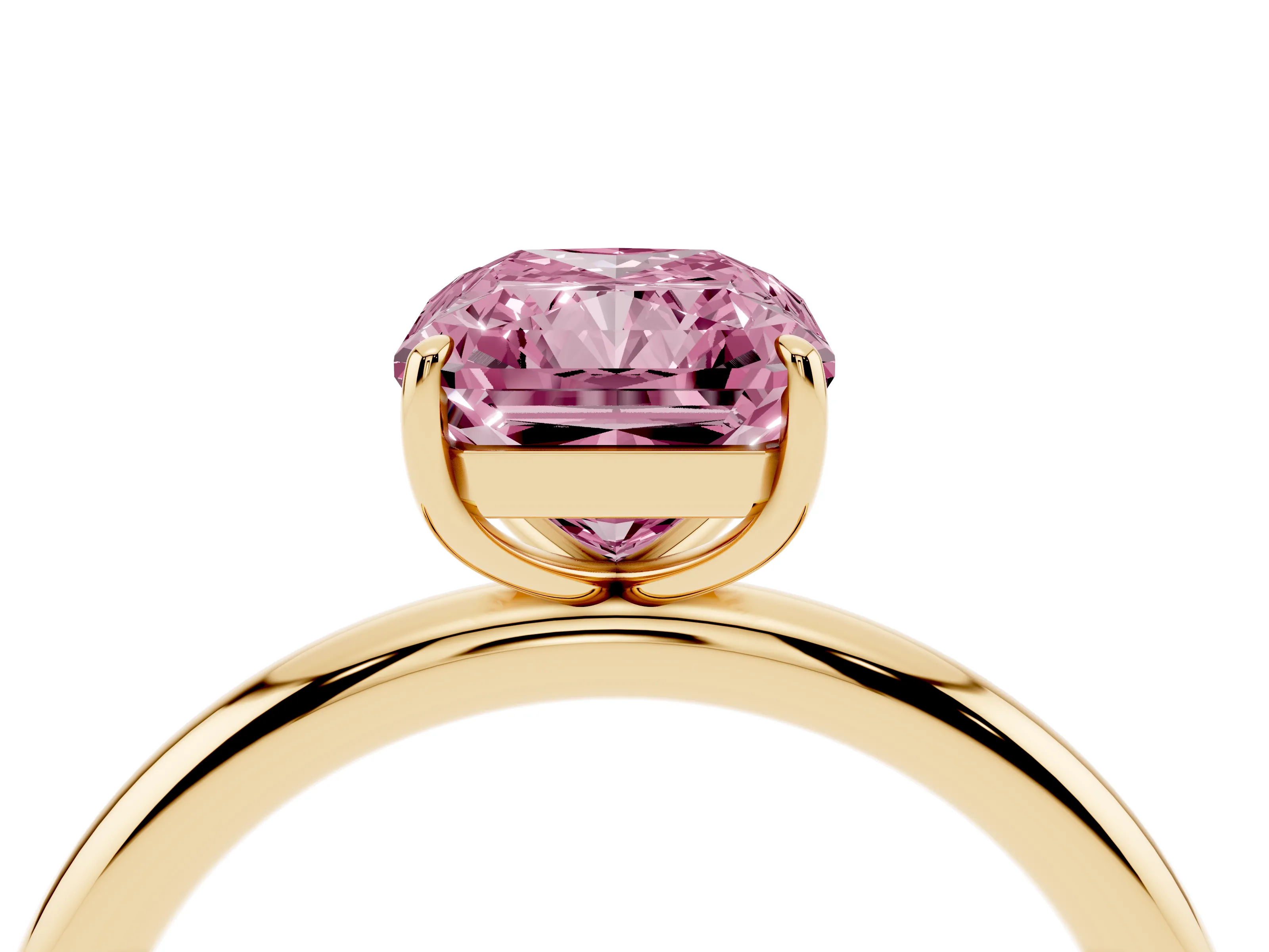 Fancy Pink Radiant Cut Diamond Solitaire Ring Set in Yellow gold with Prong Setting on a Polished Plain Band