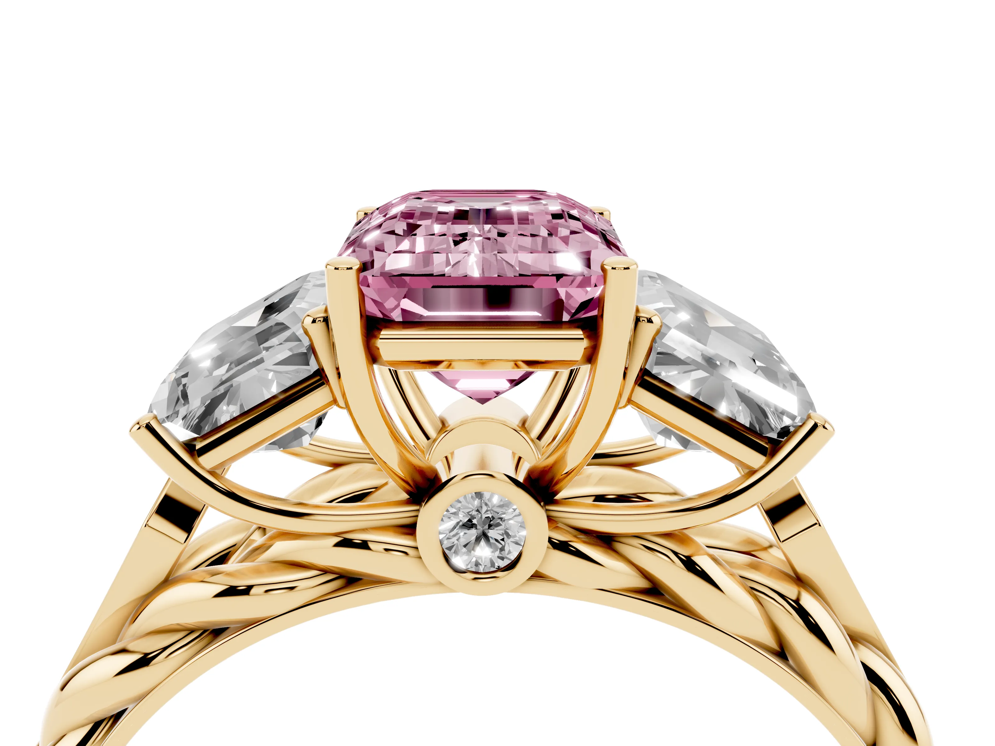 Fancy Pink Radiant Cut Diamond Three-Stone Ring Set in Yellow gold with Braided Band