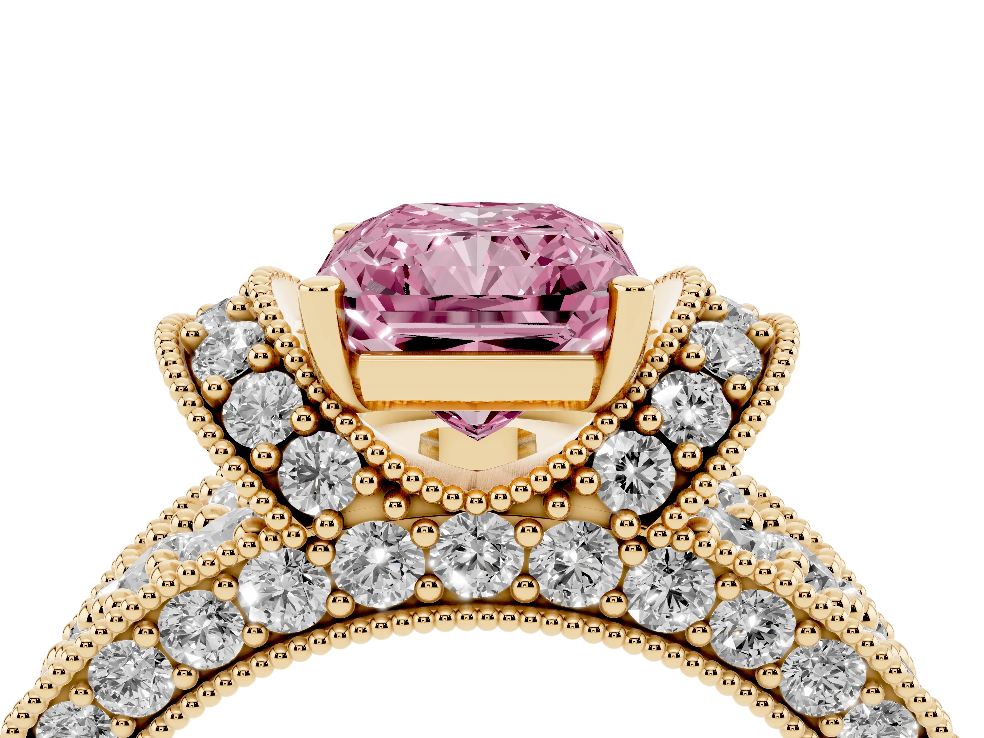 Fancy Pink Radiant Cut Diamond Milgrain Halo Pavé Engagement Ring Set in Yellow gold with Prong Setting