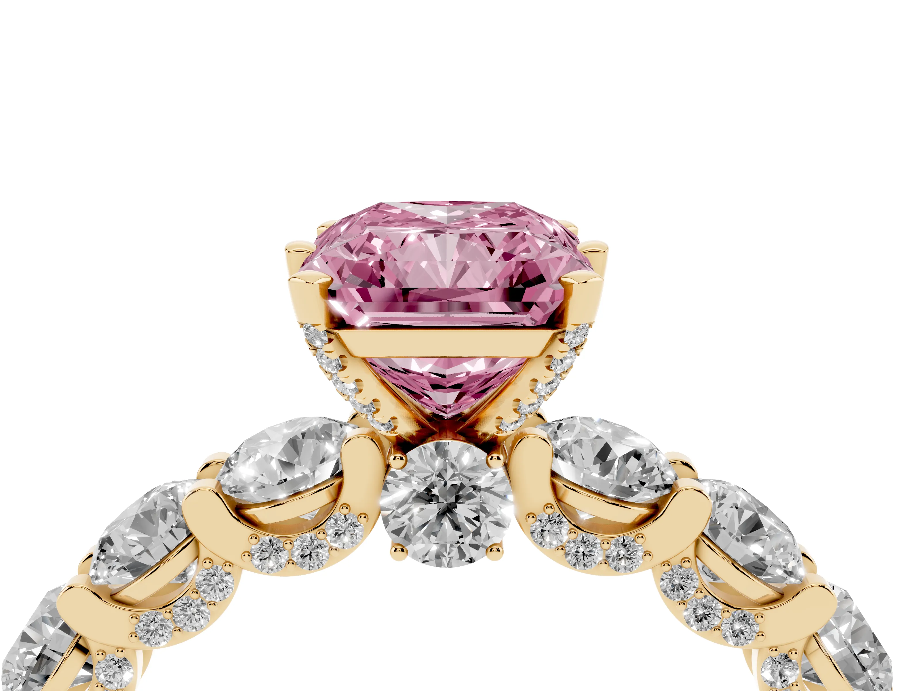 Fancy Pink Radiant Cut Diamond Side Stone Ring Set in Yellow gold with Alternating Round and Oval Side Stones