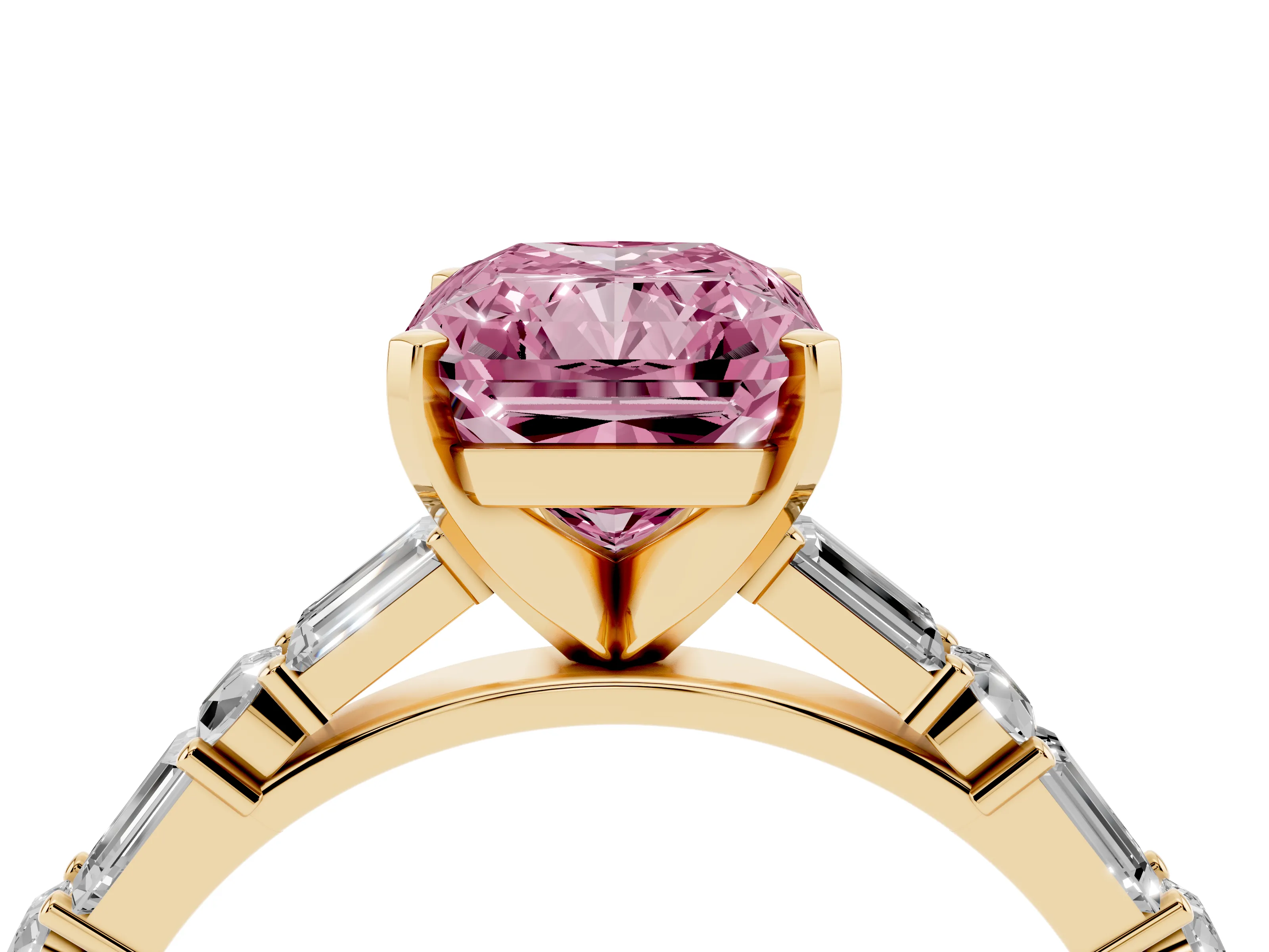 Fancy Pink Radiant Cut Diamond Solitaire Set in Yellow gold with Side Baguettes and Channel Set Band