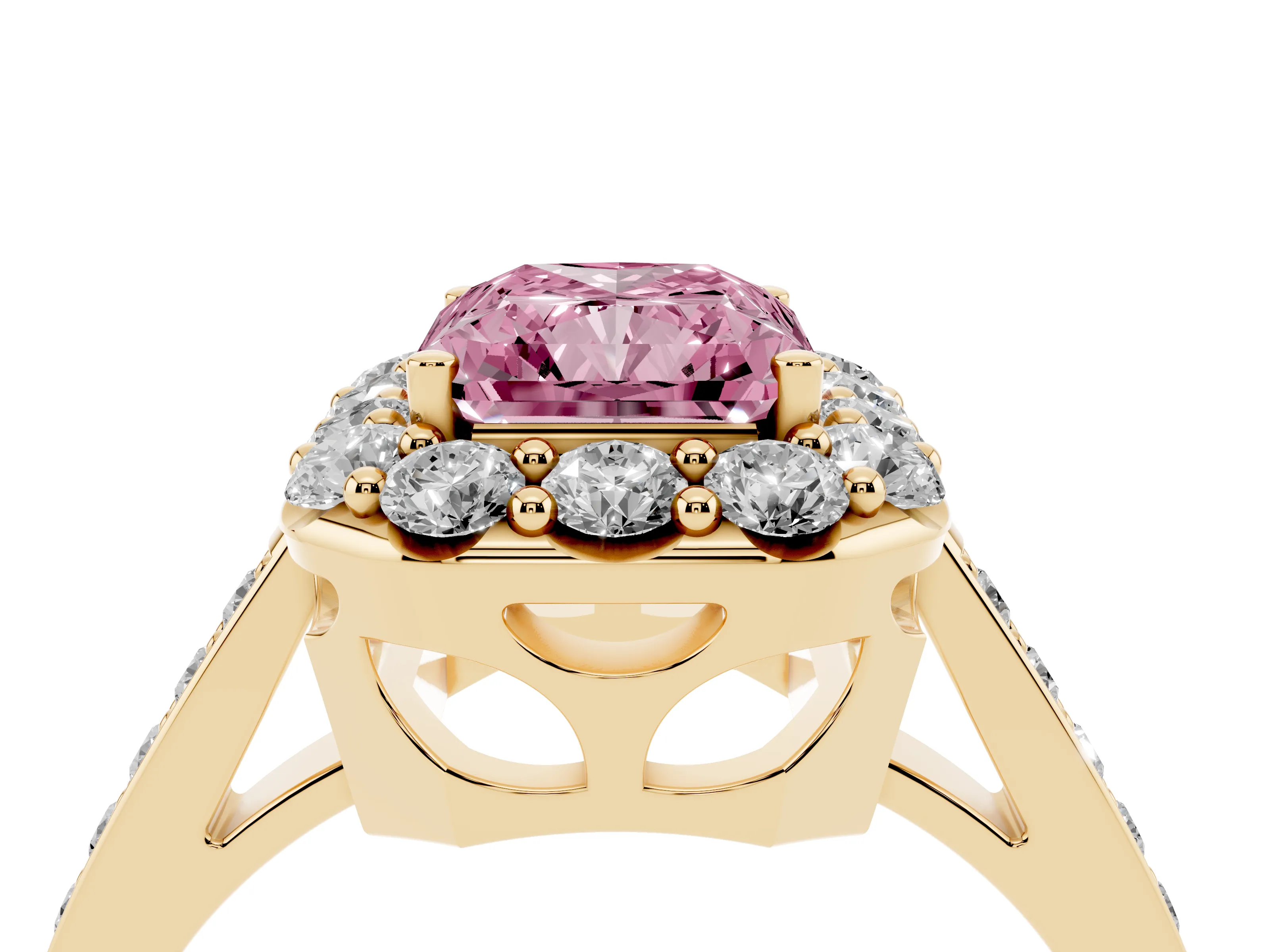 Fancy Pink Radiant Cut Diamond Floral Halo Ring Set in Yellow gold with Pavé Band and Prong Setting
