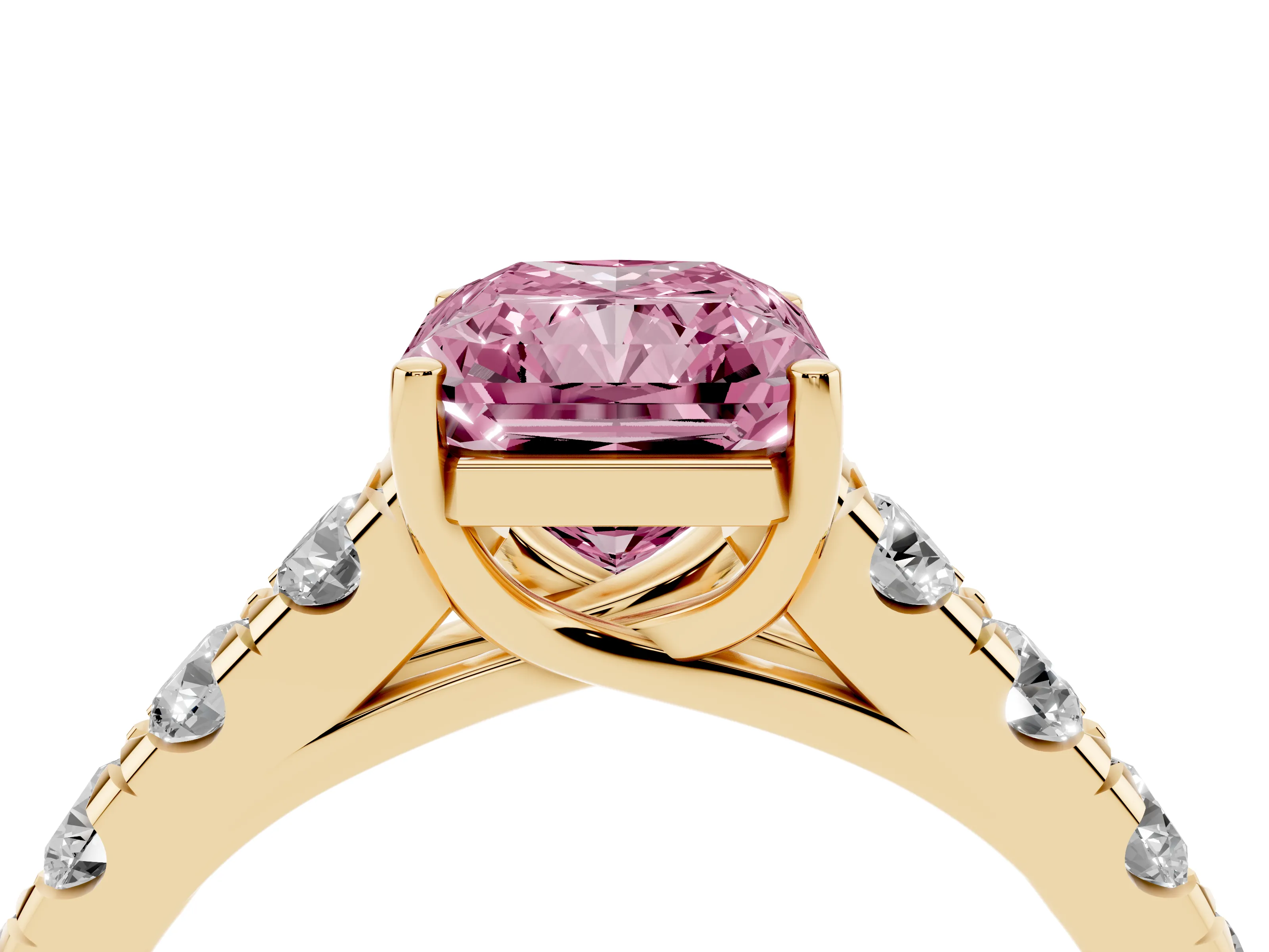 Fancy Pink Radiant Cut Diamond Solitaire Ring Set in Yellow gold with Cut-Down Micro Pavé Band and Prong Setting