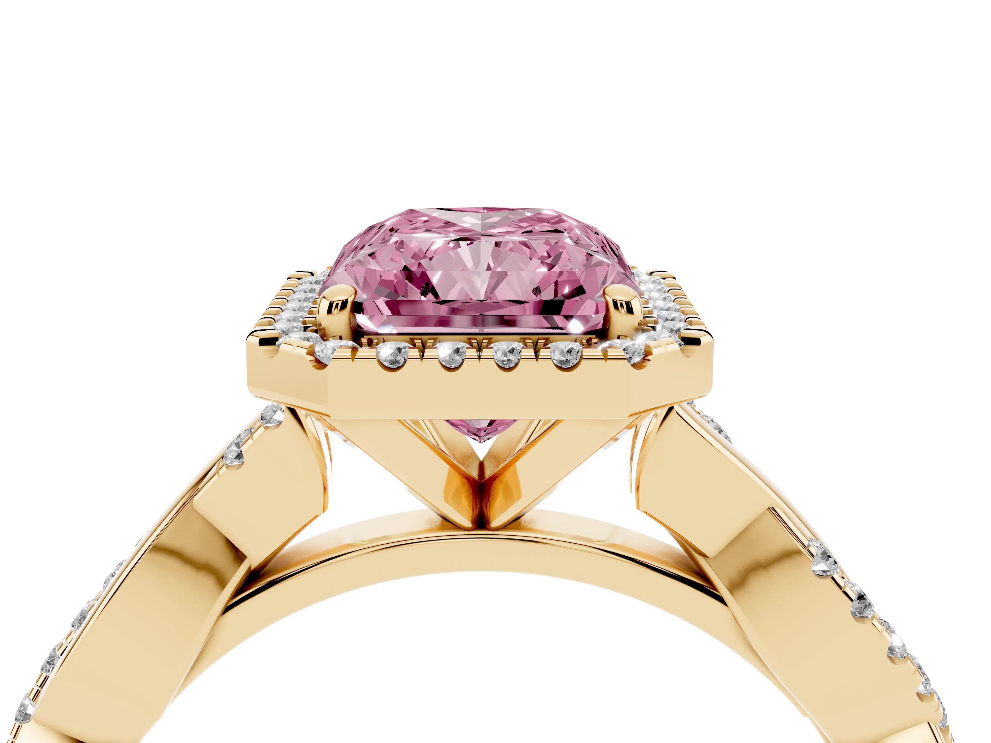 Fancy Pink Radiant Cut Diamond Halo Twisted Band Ring Set in Yellow gold with Prong Setting