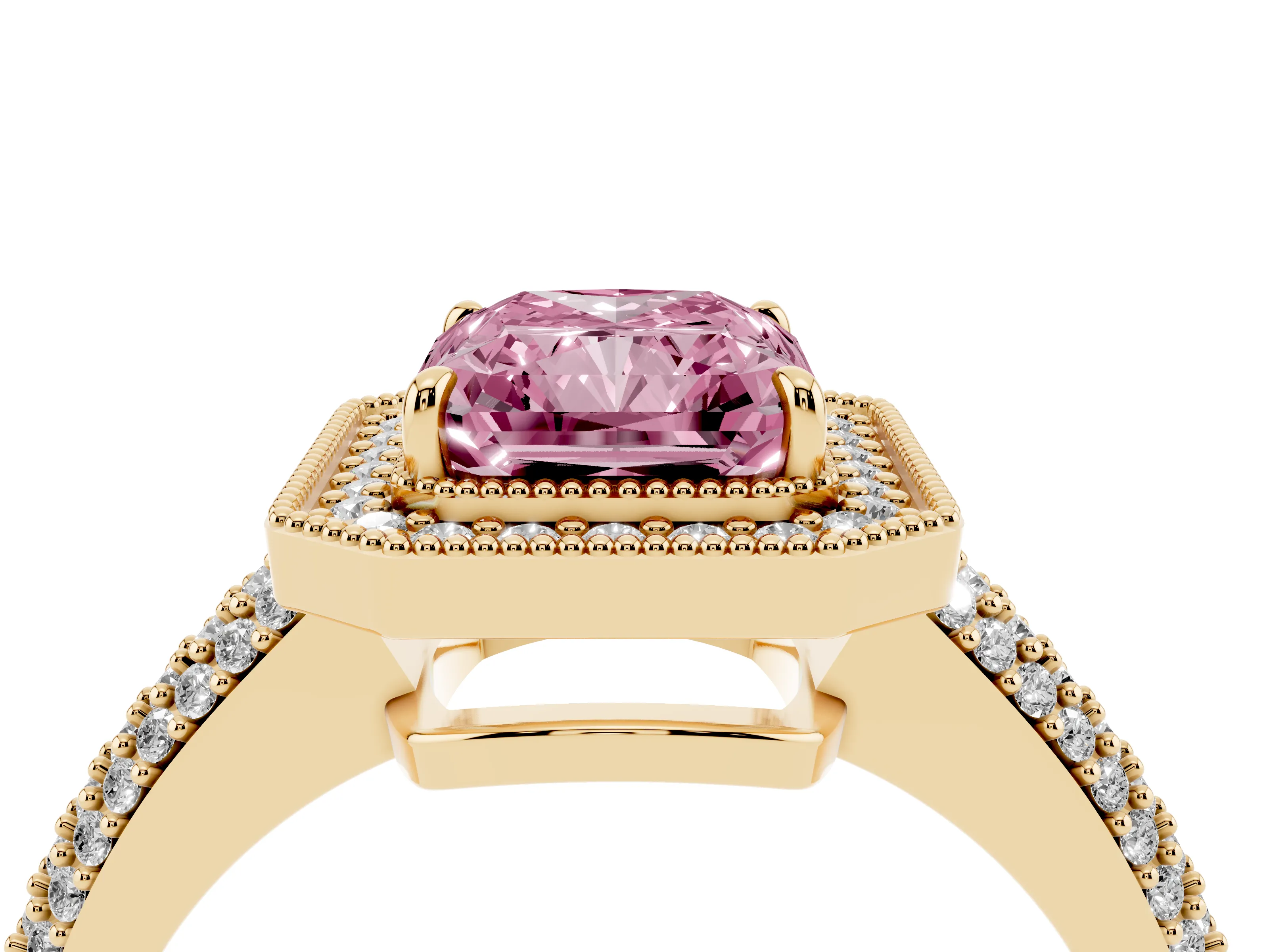 Fancy Pink Radiant Cut Diamond Halo Pavé Band Set in Yellow gold with Prong Setting