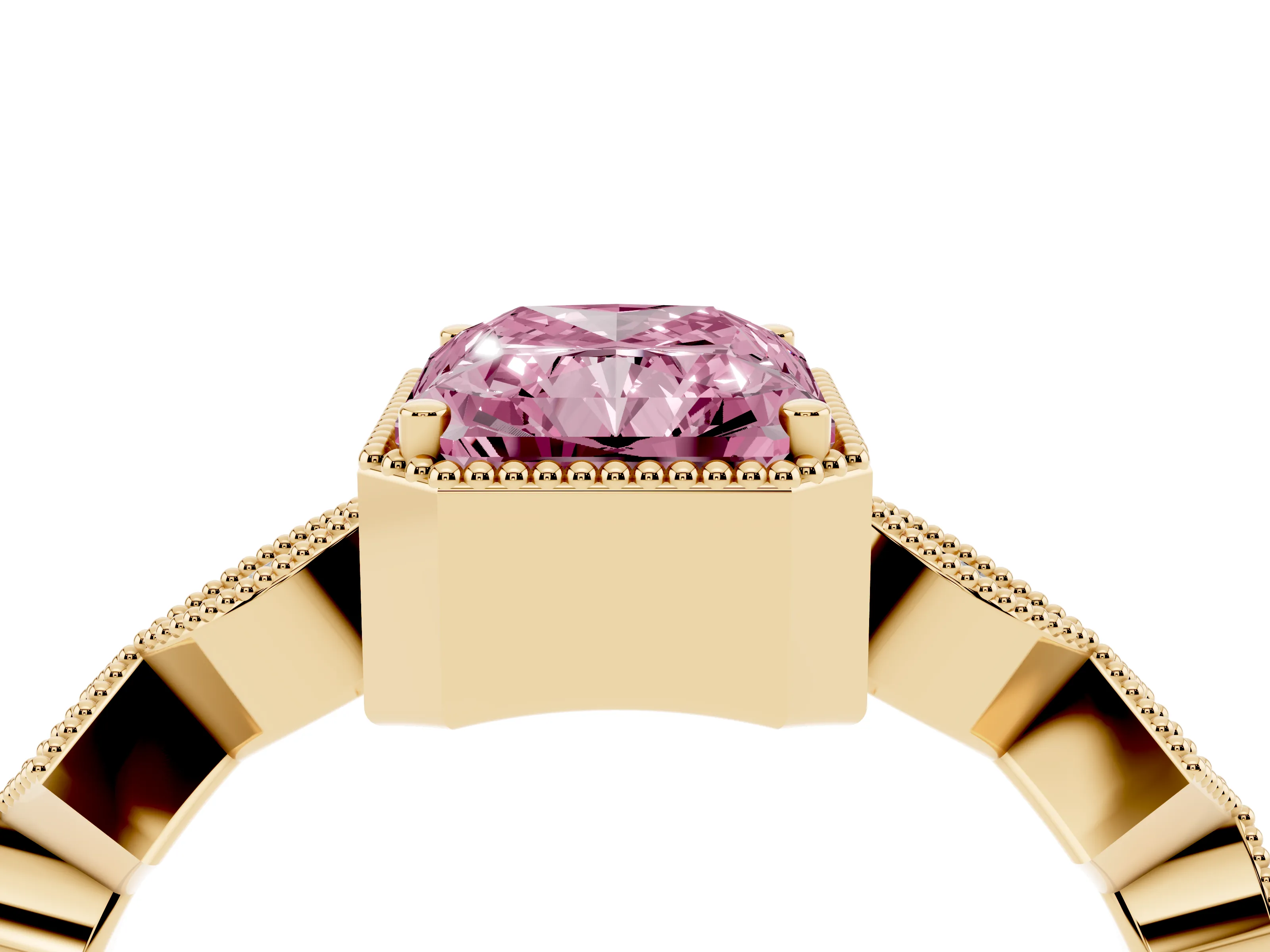 Fancy Pink Radiant Cut Diamond Milgrain Marquise Twist Band Ring Set in Yellow gold with Prong Setting
