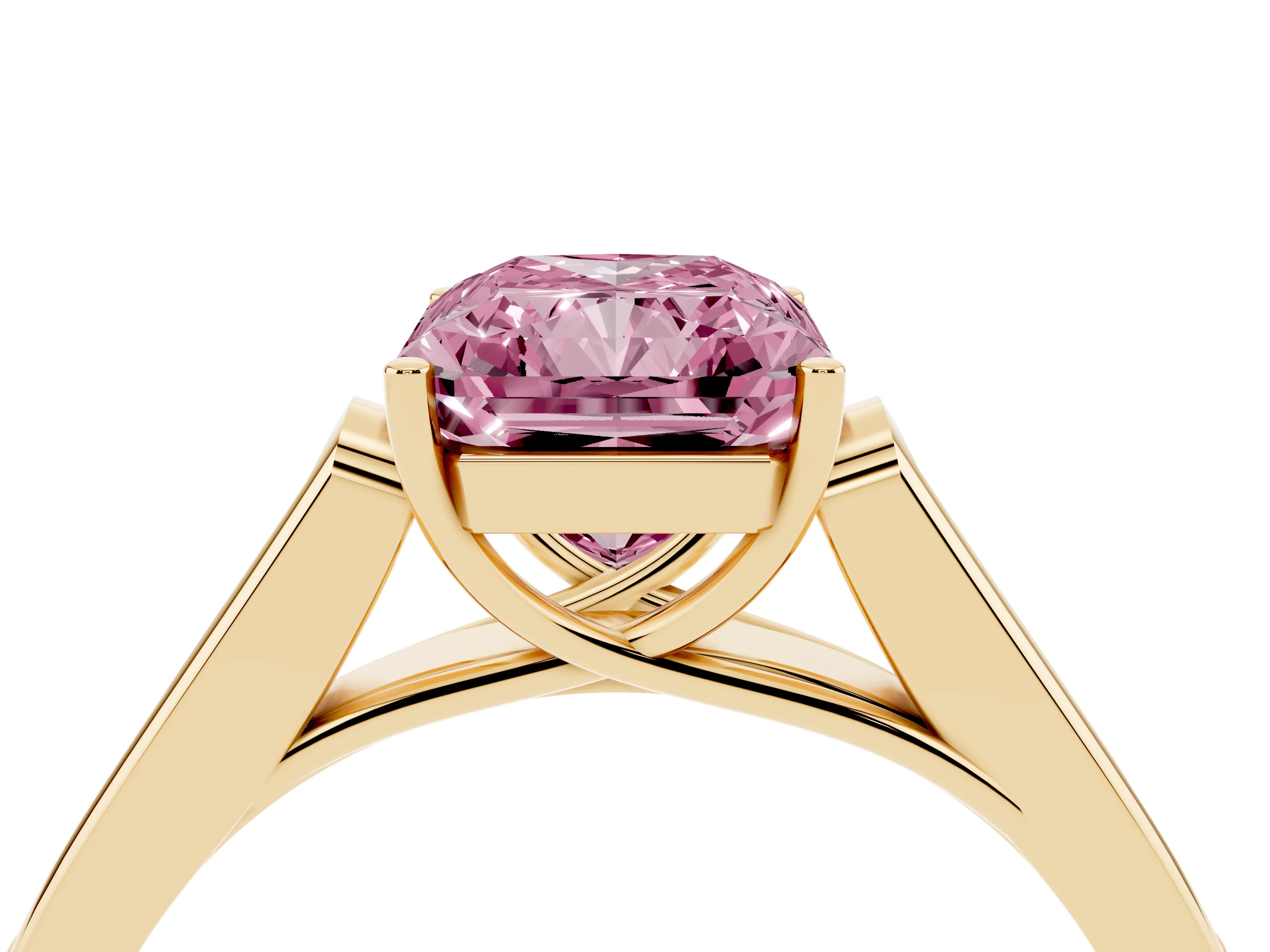 Fancy Pink Radiant Cut Diamond Solitaire Cathedral Engagement Ring Set in Yellow gold with Channel-Set Band and Prong Setting