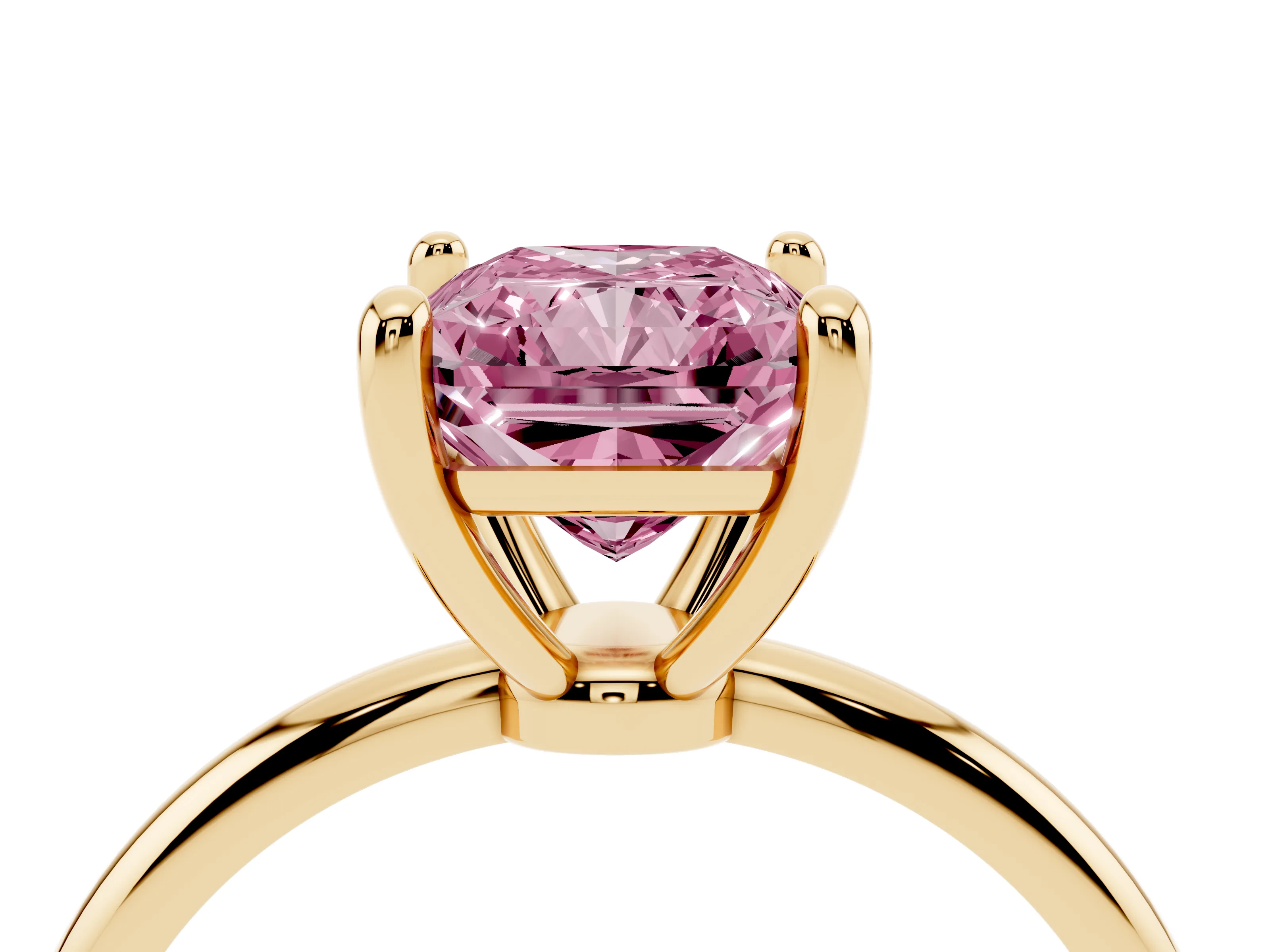 Fancy Pink Radiant Cut Diamond Solitaire Ring Set in Yellow gold with Secure Prong Setting on a Classic Band