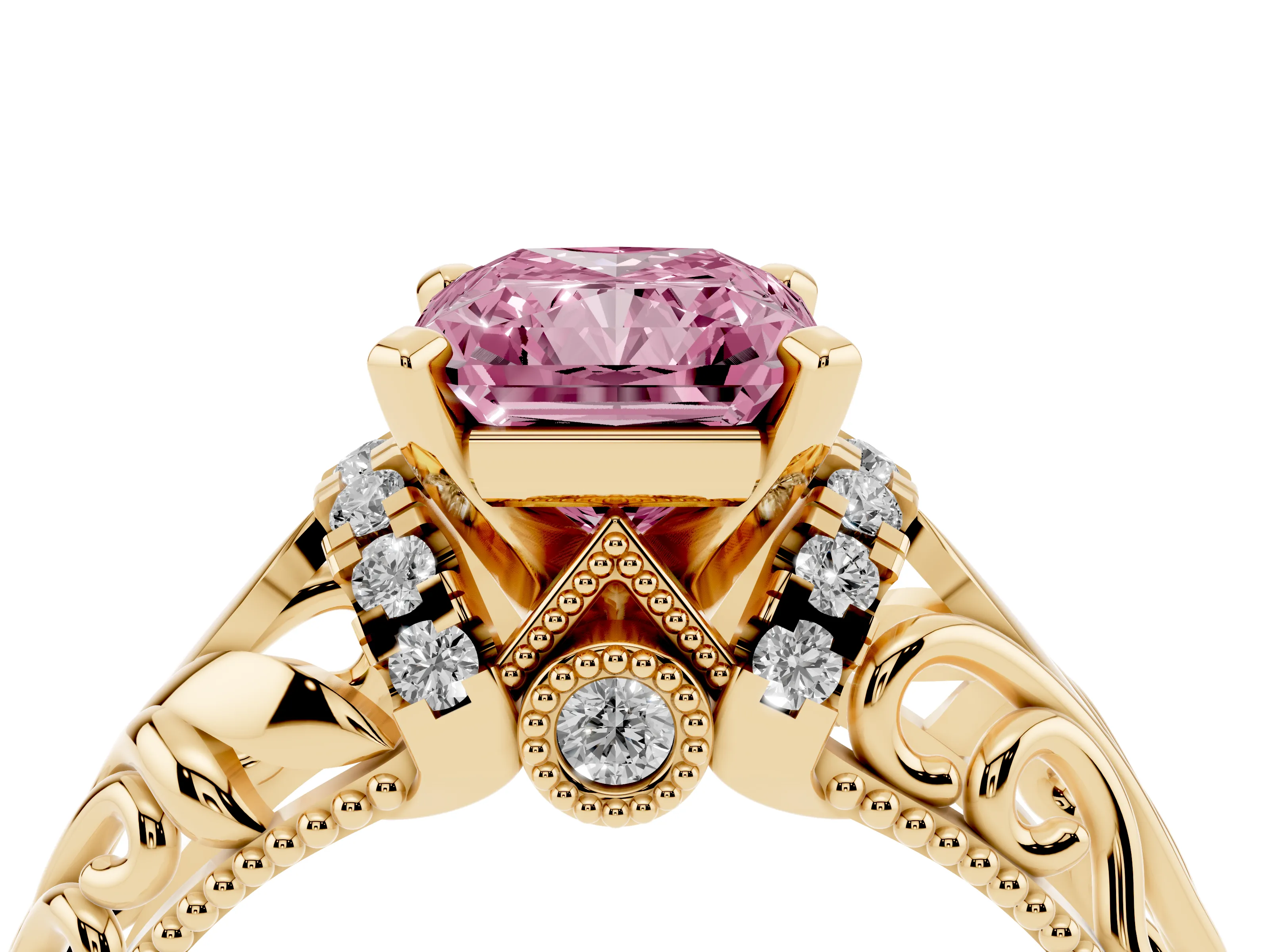 Fancy Pink Radiant Cut Diamond Filigree Halo Engagement Ring Set in Yellow gold with Prong Setting