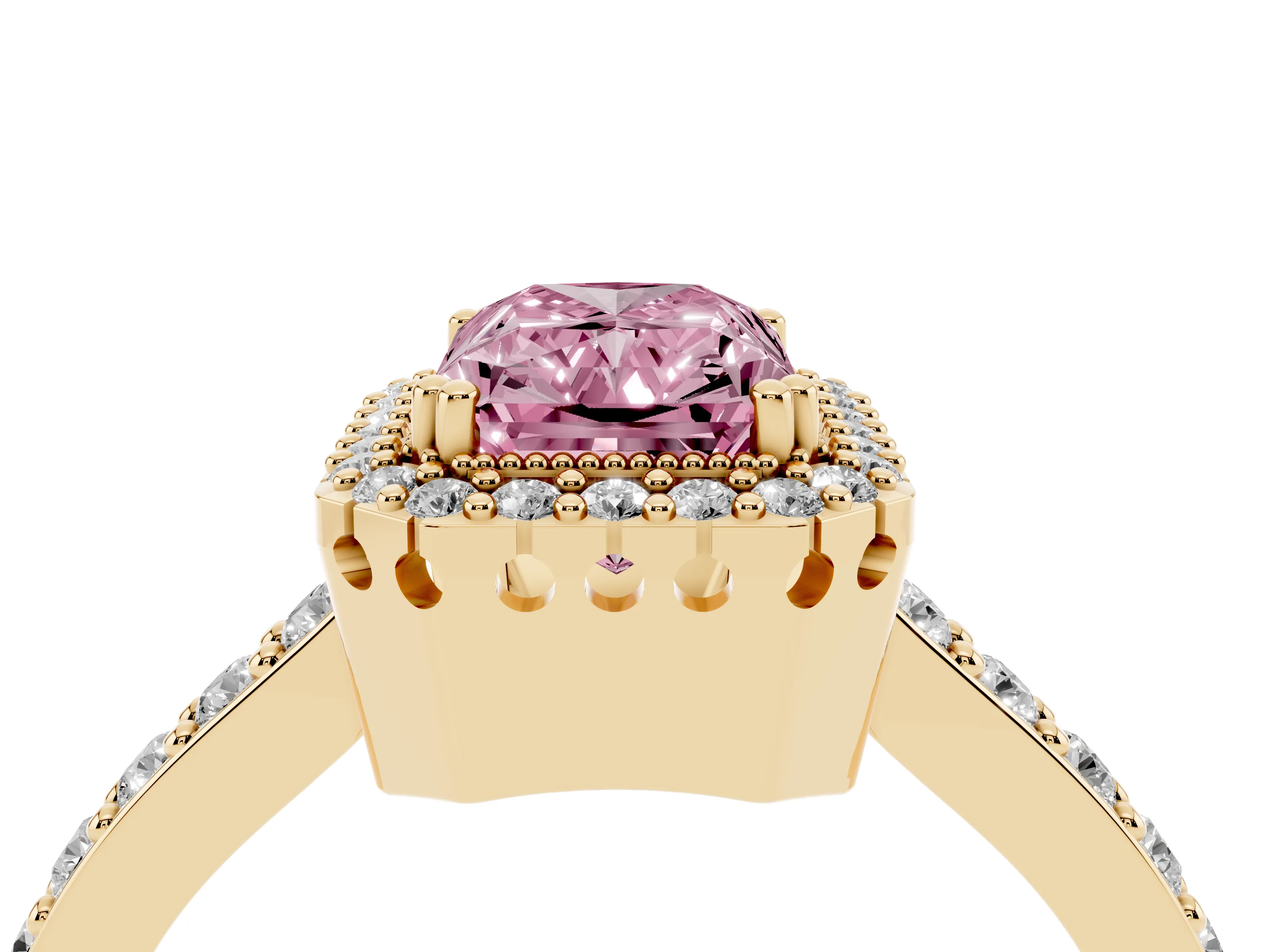 Fancy Pink Radiant Cut Diamond Halo Engagement Ring Set in Yellow gold with Milgrain Detail and Pavé Band