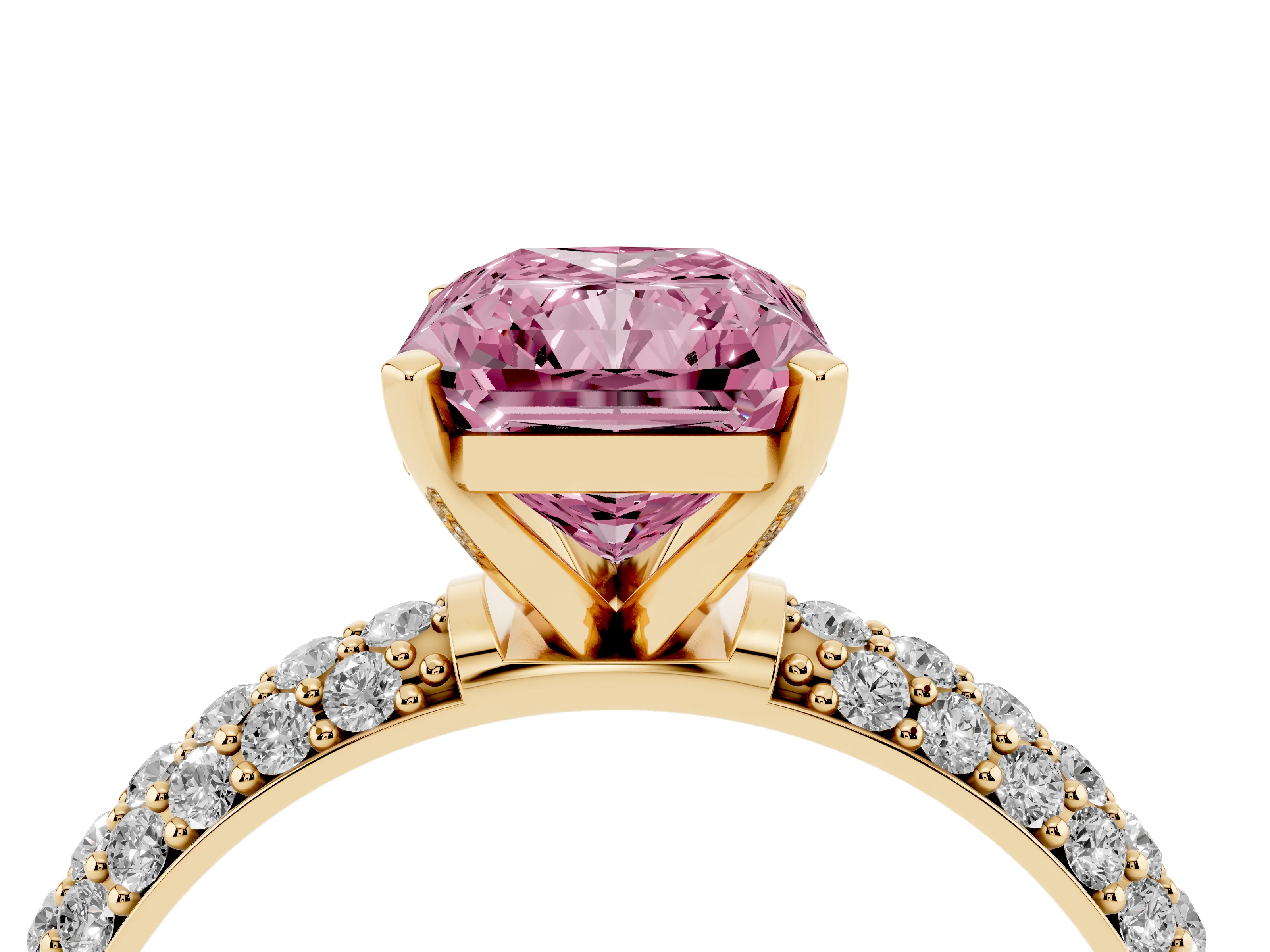 Fancy Pink Radiant Cut Diamond Solitaire Ring Set in Yellow gold with Prong Setting and Pavé-Set Band