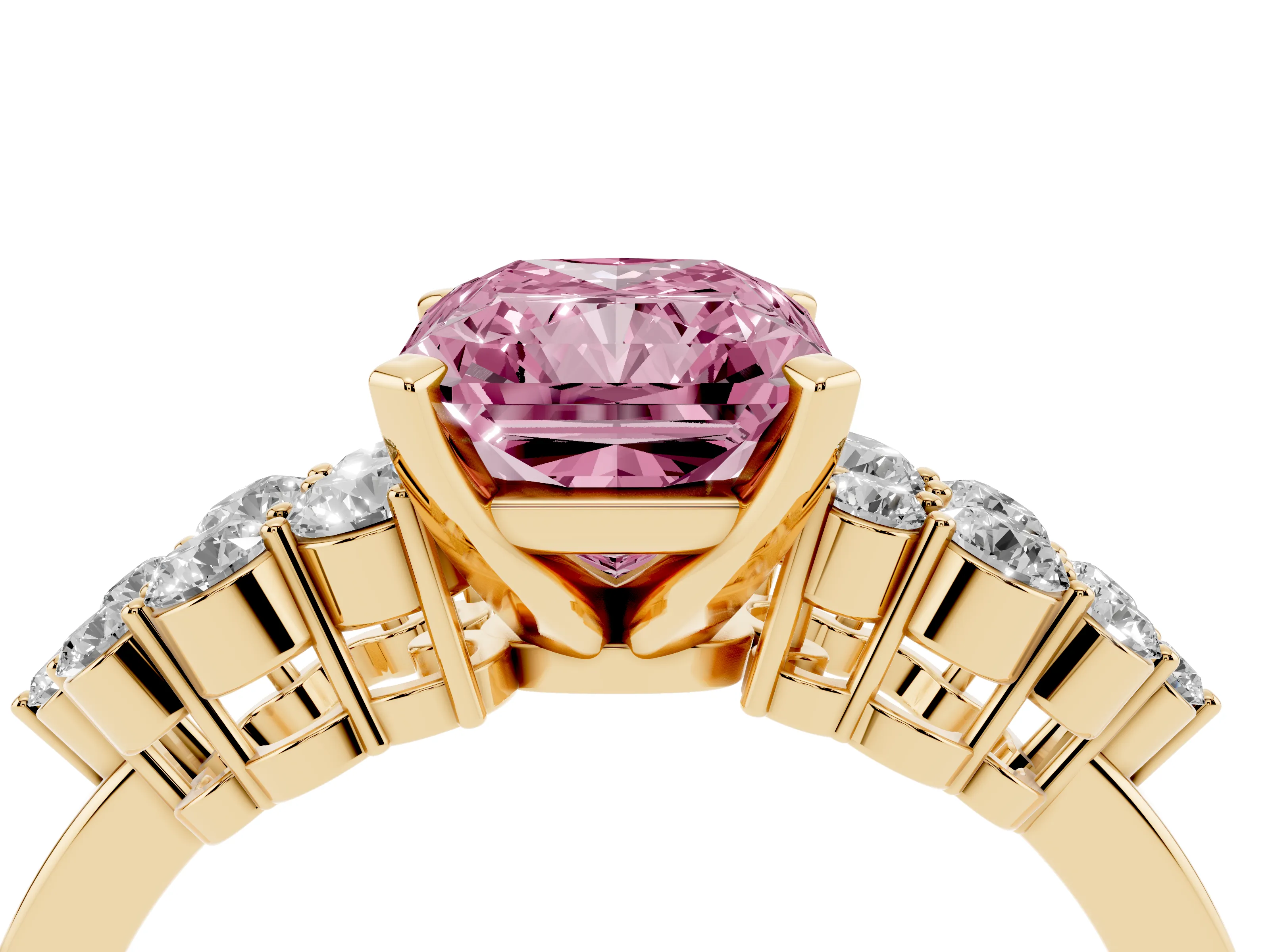 Fancy Pink Radiant Cut Diamond Cluster Engagement Ring Set in Yellow gold with Pavé Band and Prong Setting
