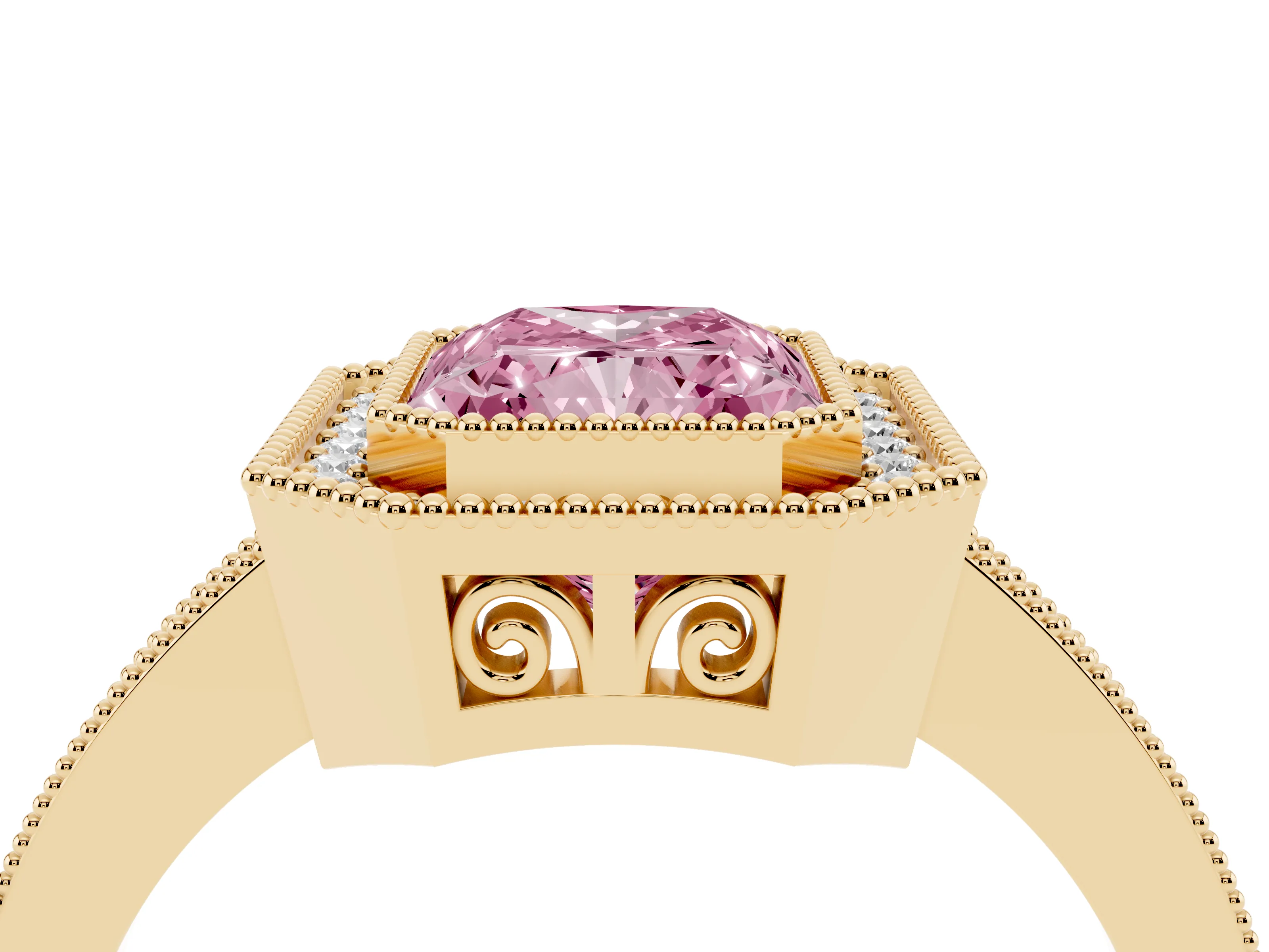 Fancy Pink Radiant Cut Diamond Round Halo Ring Set in Yellow gold with Pavé Band