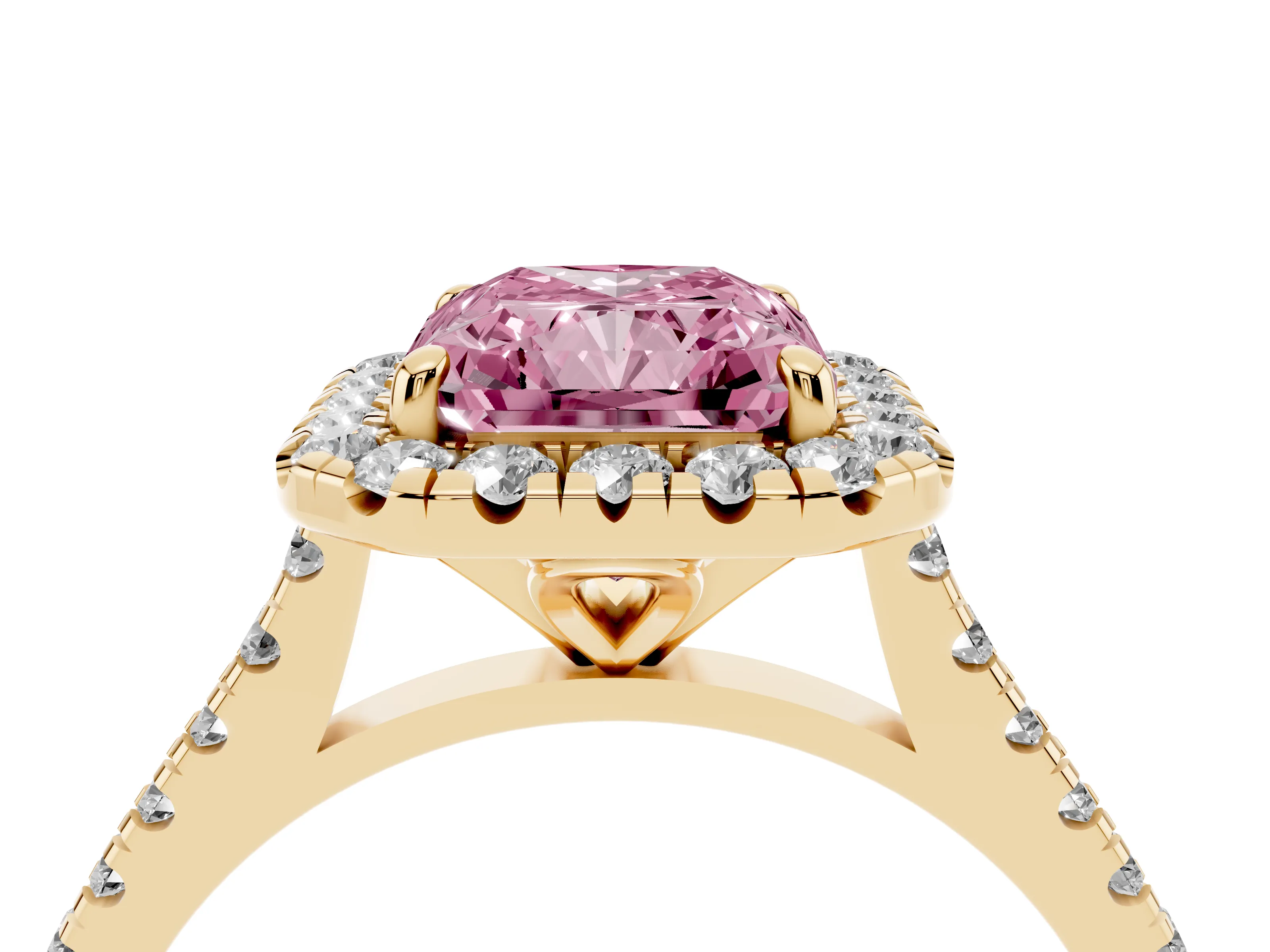 Fancy Pink Radiant Cut Diamond Cushion Halo Ring Set in Yellow gold with Pavé Band