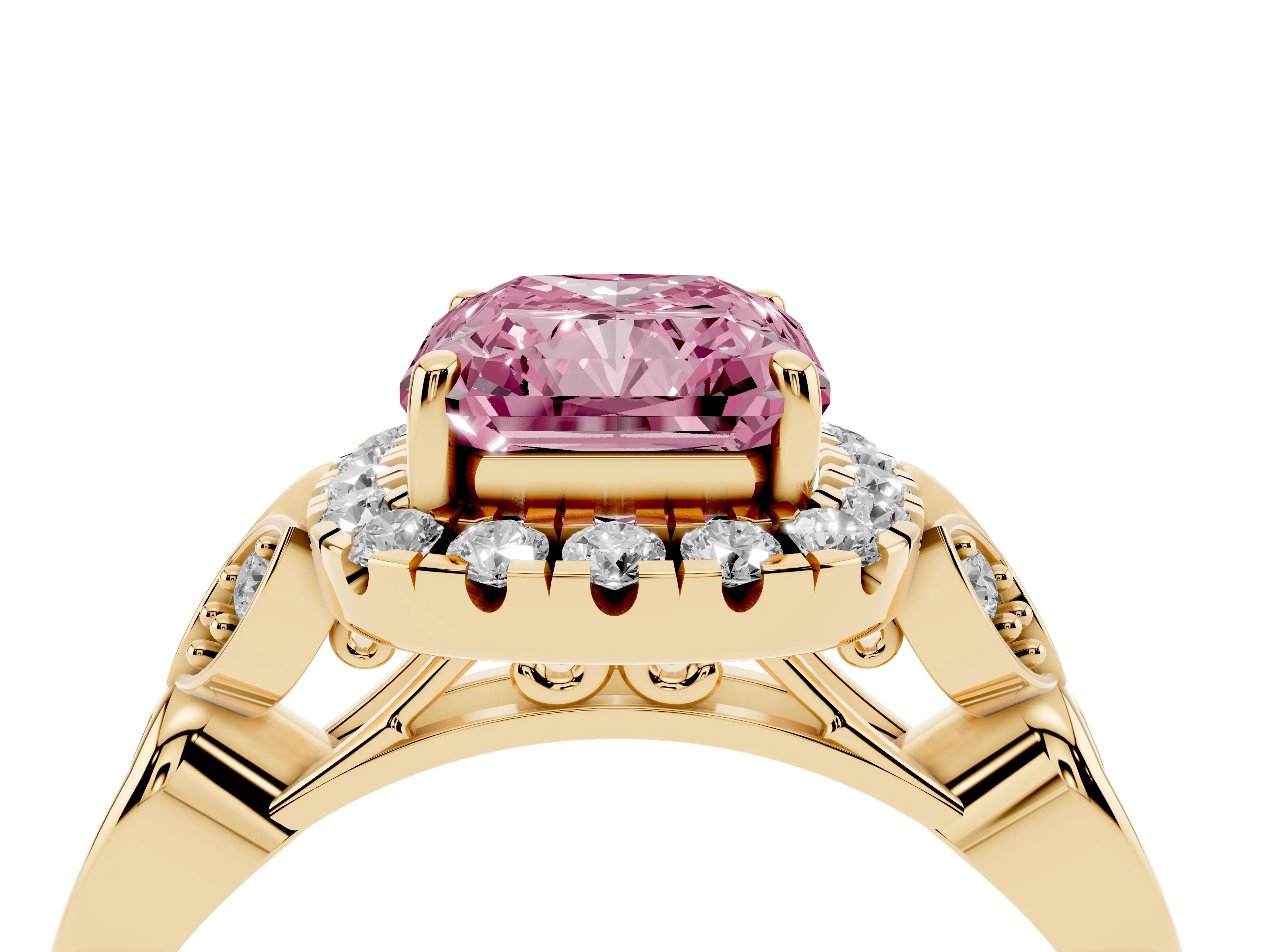Fancy Pink Radiant Cut Diamond Halo Engagement Ring Set in Yellow gold with Vintage-Inspired Band and Prong Setting
