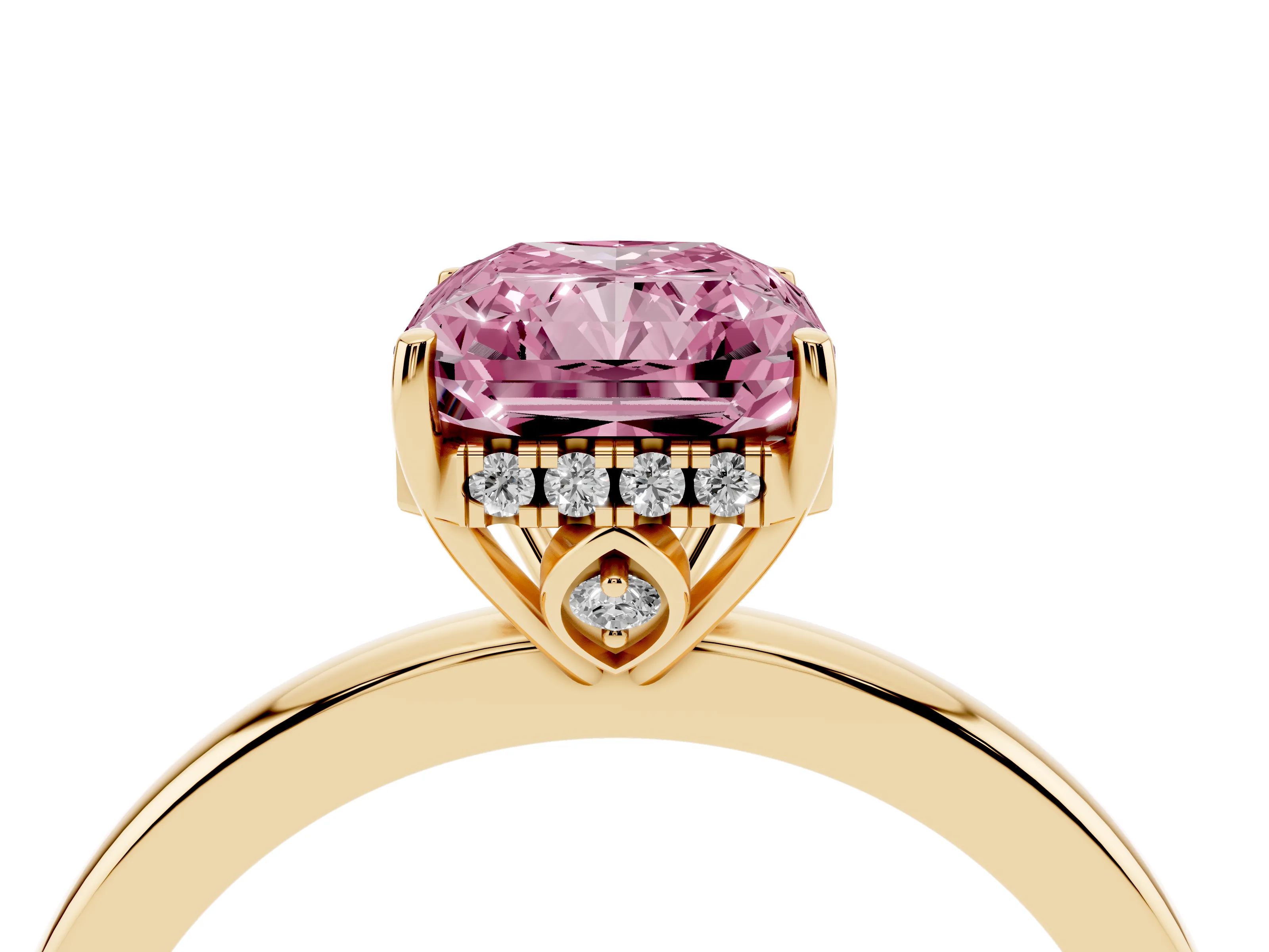 Fancy Pink Radiant Cut Diamond Solitaire Ring Set in Yellow gold with Plain Band and Prong Setting