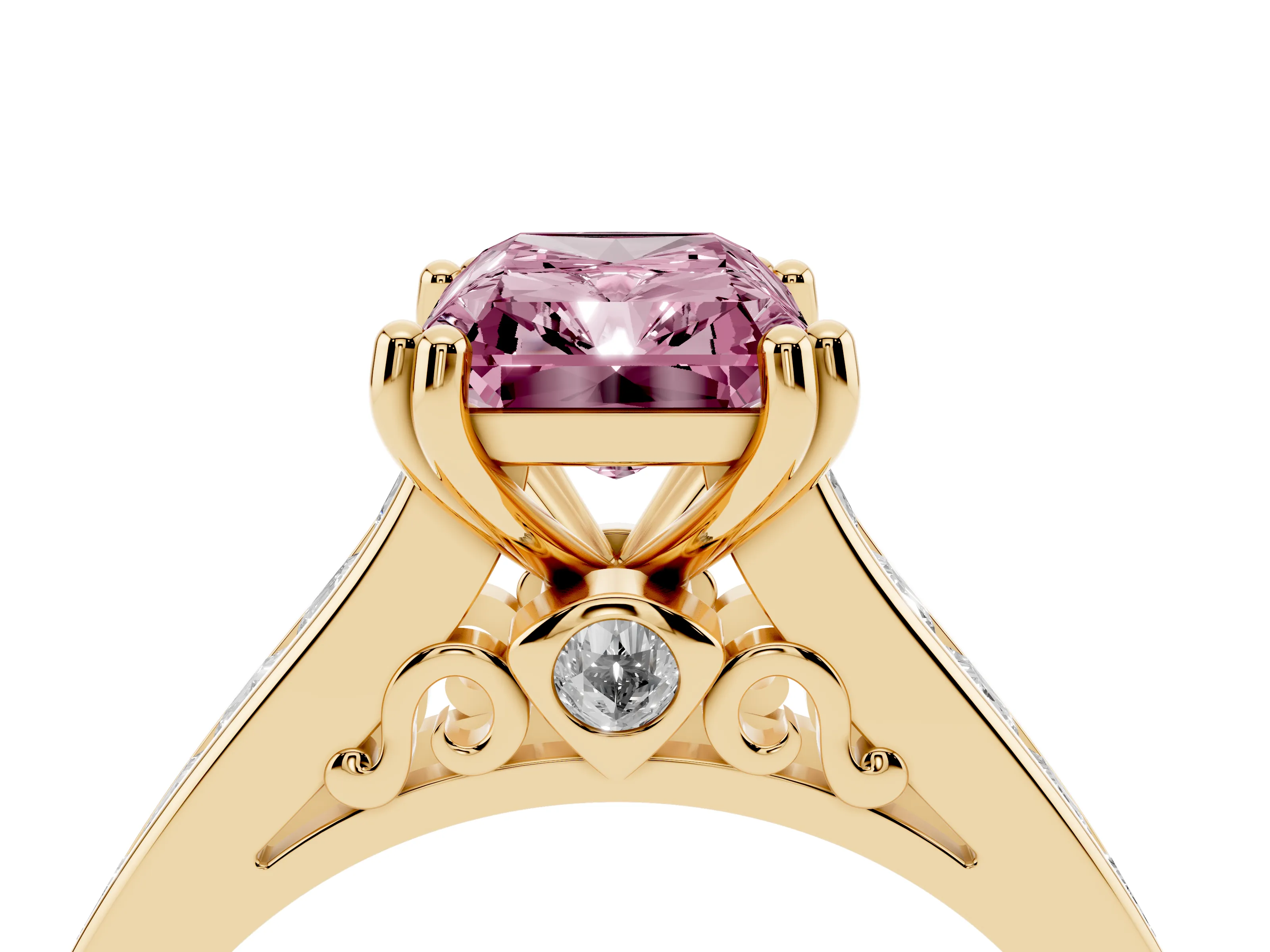 Fancy Pink Radiant Cut Diamond Channel Set Solitaire Engagement Ring Set in Yellow gold with Prong Setting