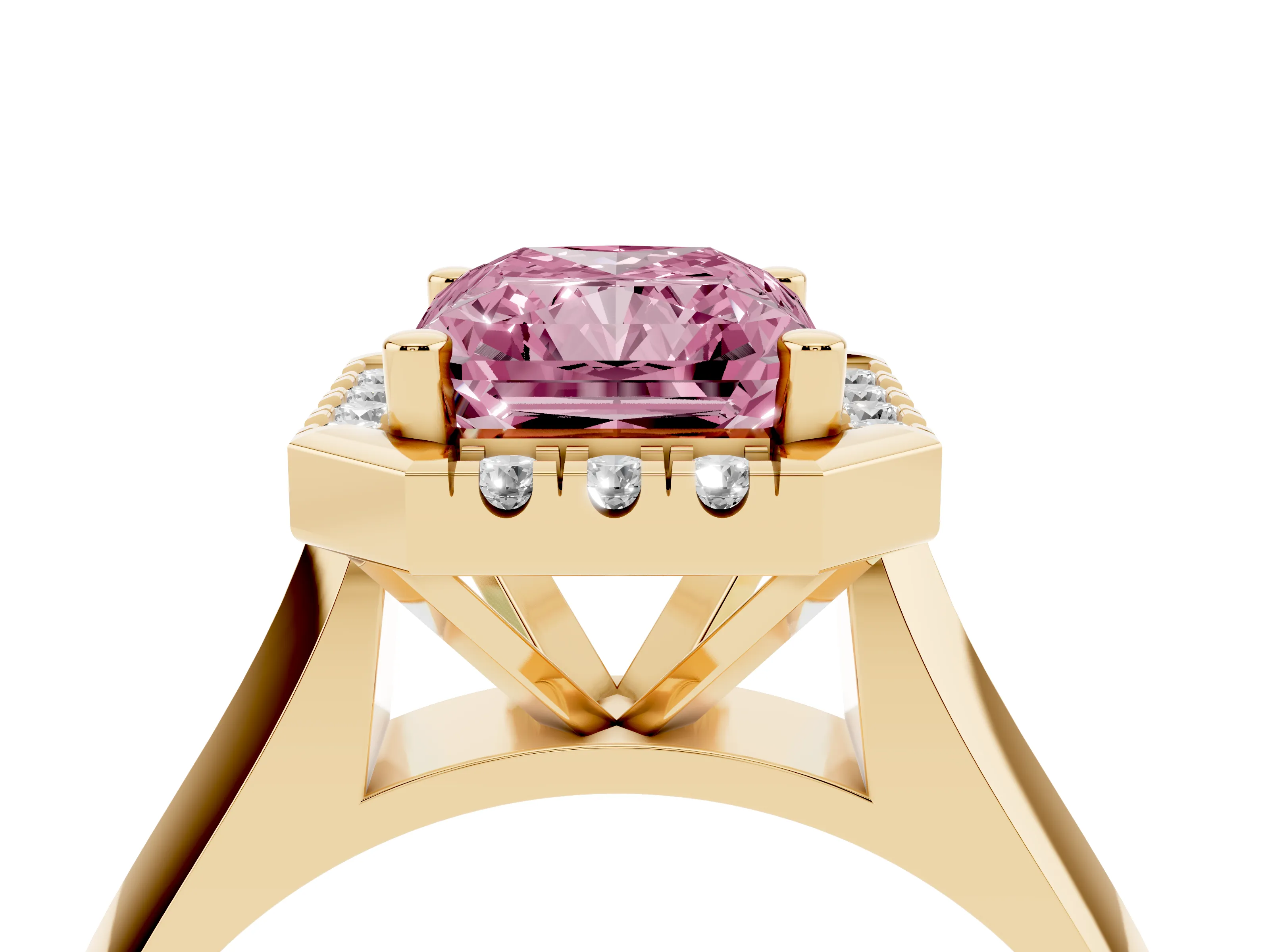 Fancy Pink Radiant Cut Diamond Halo Solitaire Engagement Ring Set in Yellow gold with Square Band and Prong Setting
