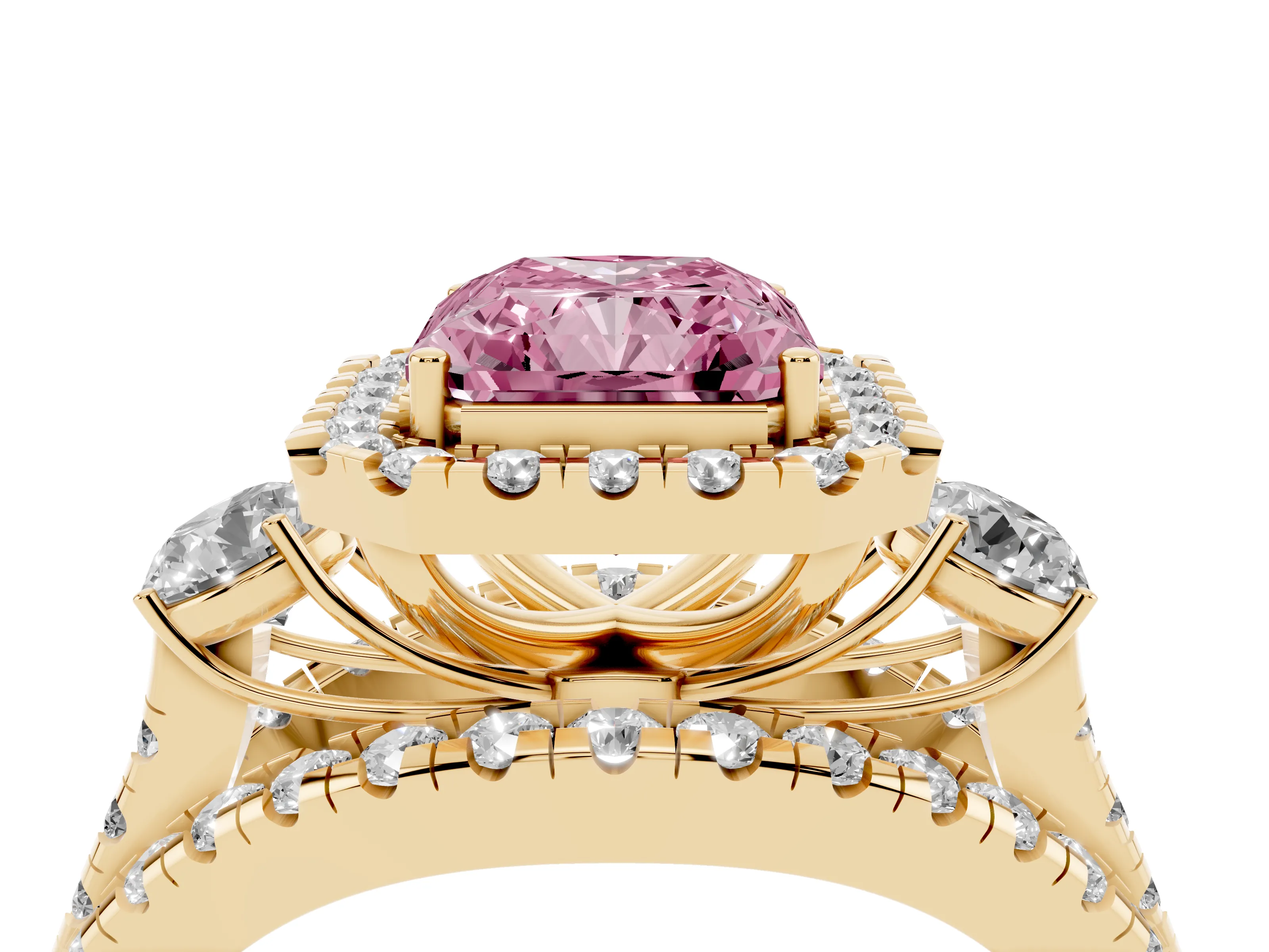 Fancy Pink Radiant Cut Diamond Halo Split Shank Ring Set in Yellow gold with Round Accent Stones and Prong Setting