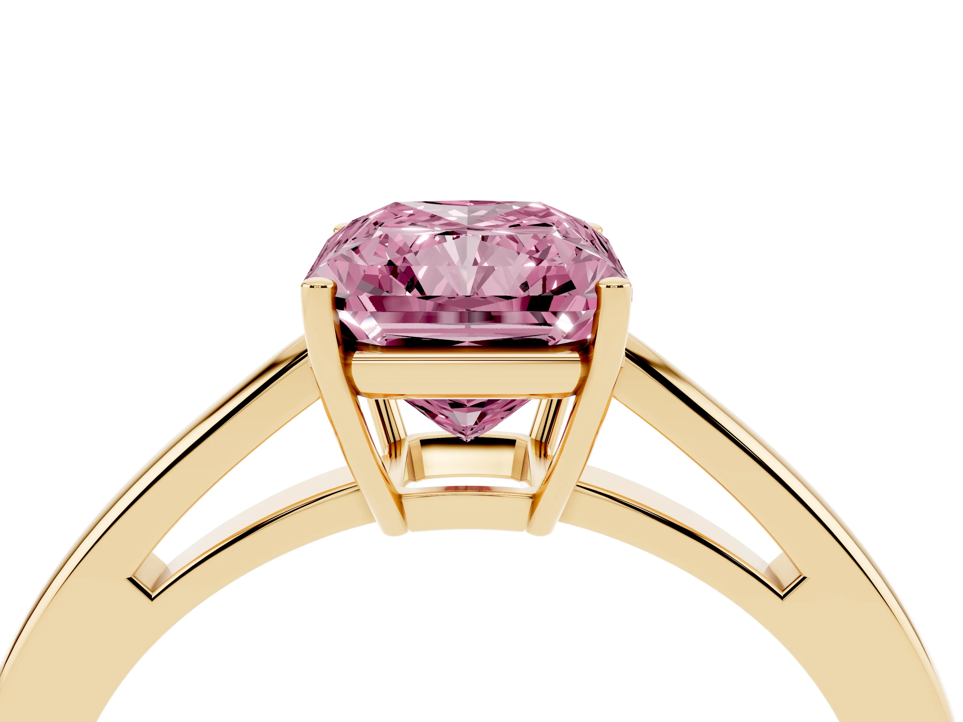 Fancy Pink Radiant Cut Diamond Solitaire Ring Set in Yellow gold with Split Shank and Prong Setting