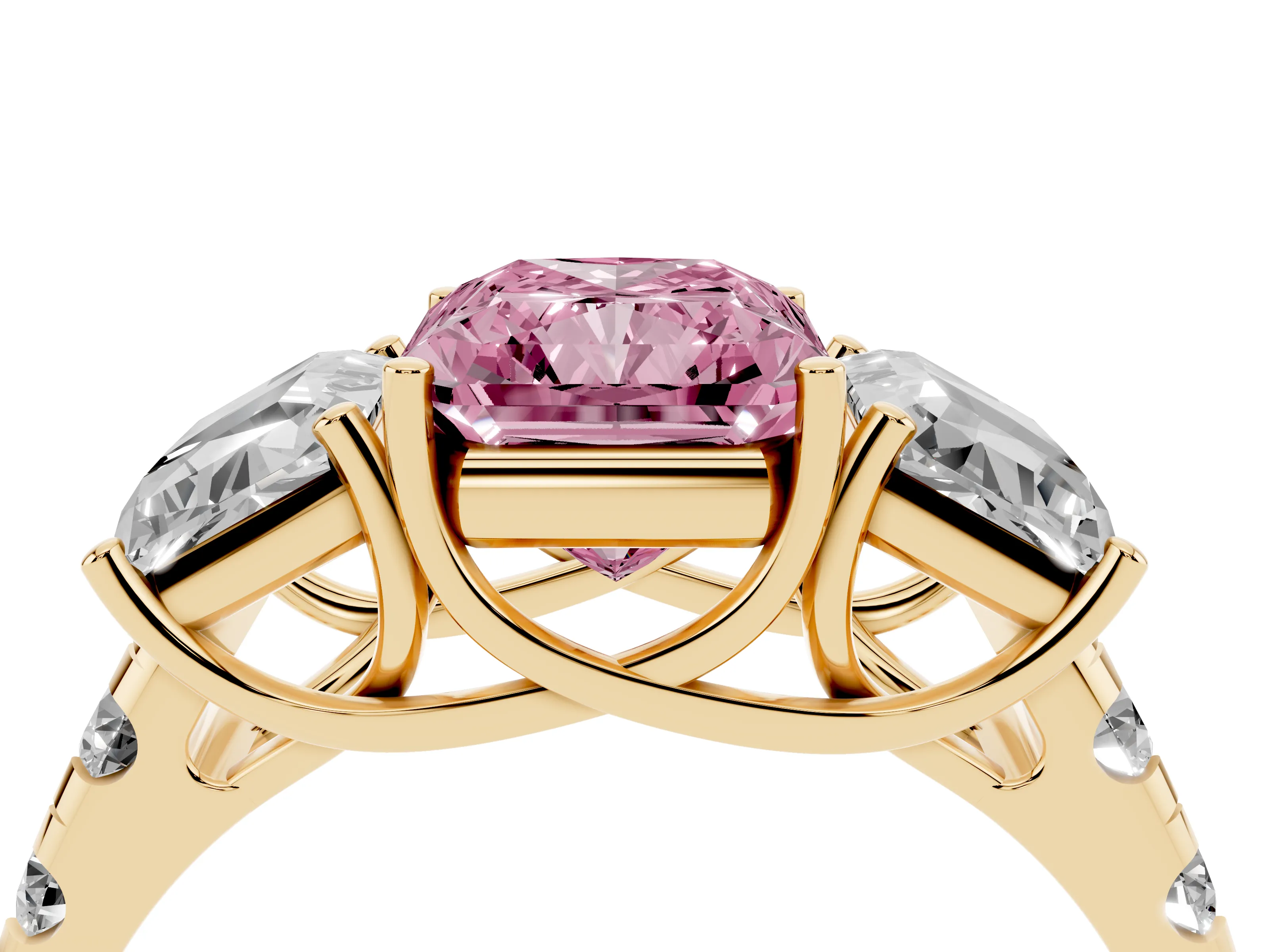 Fancy Pink Radiant Cut Diamond Three-Stone Ring Set in Yellow gold with Pavé Band