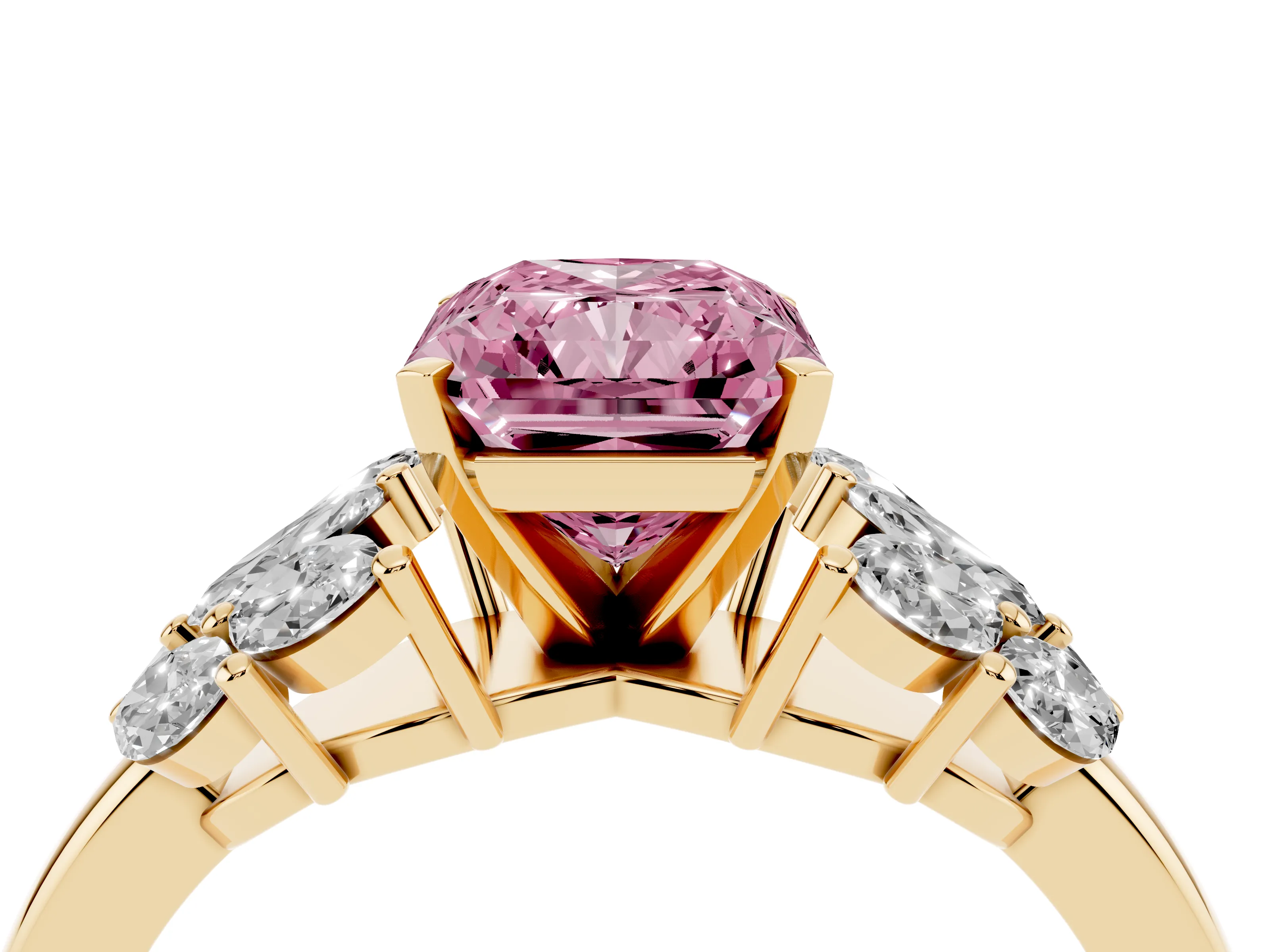 Fancy Pink Radiant Cut Diamond Cluster Leaf Design Ring Set in Yellow gold with Prong Setting