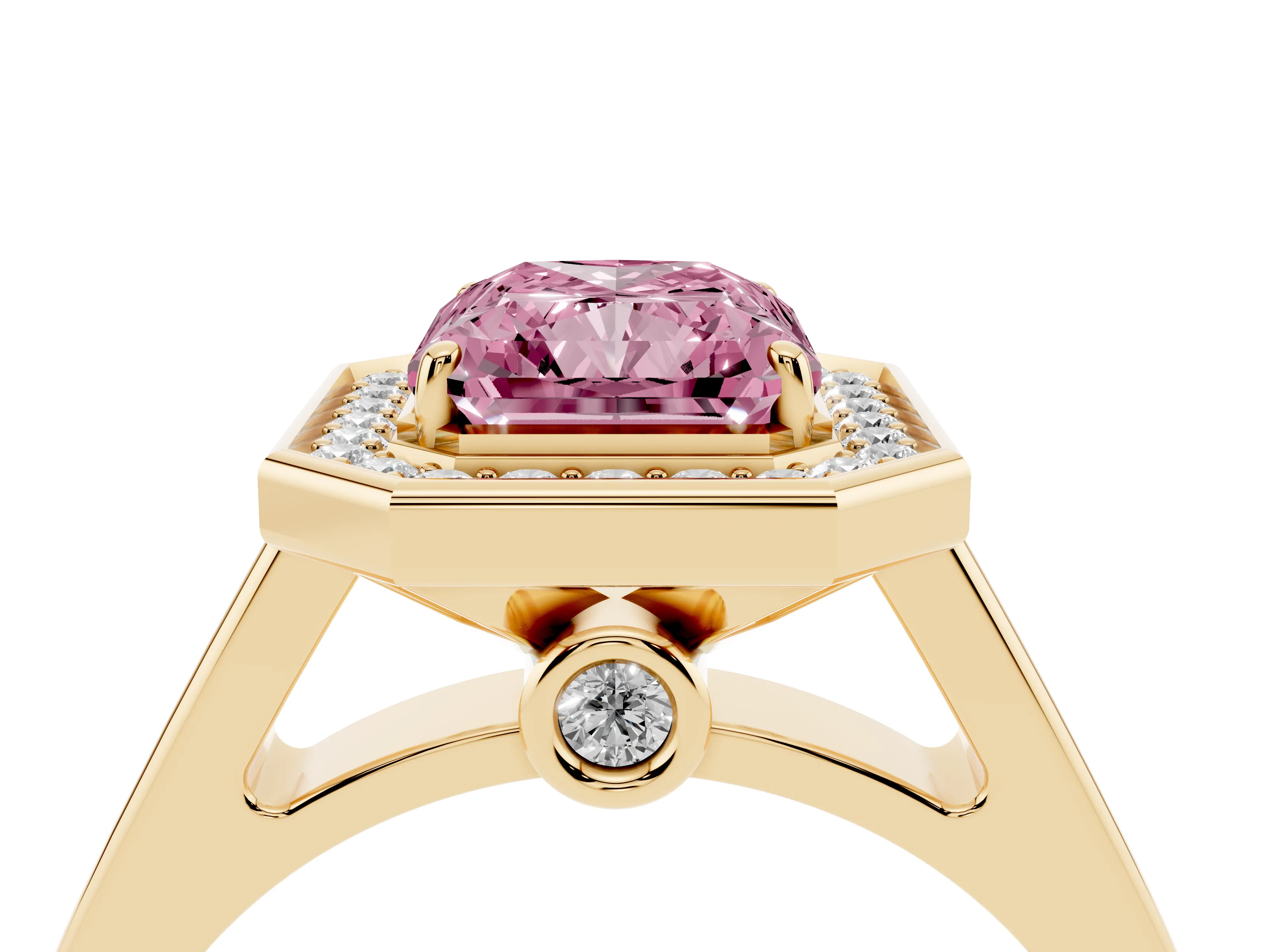 Fancy Pink Radiant Cut Diamond Halo Solitaire Ring Set in Yellow gold with Pavé Band and Bezel Setting