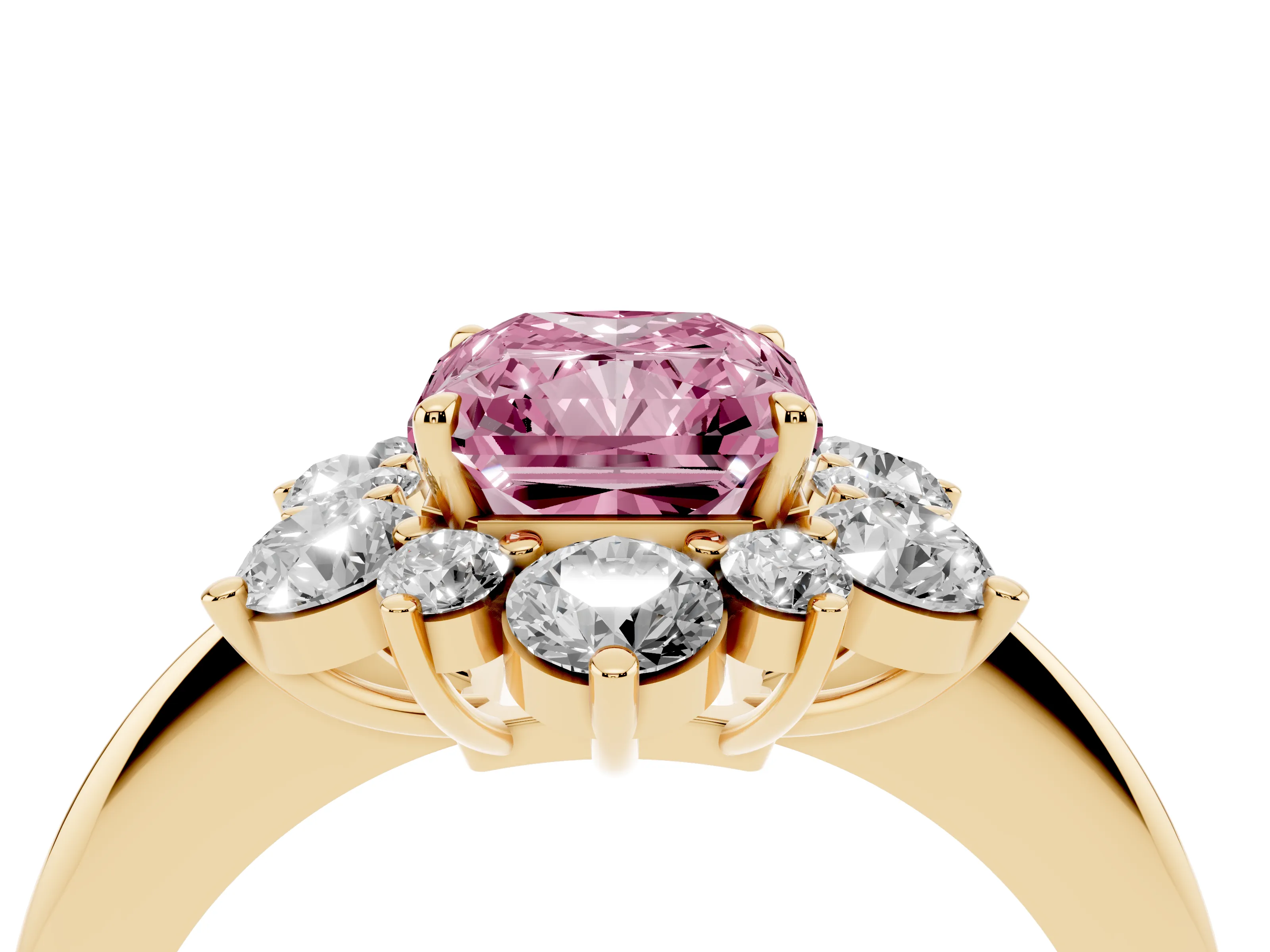 Fancy Pink Radiant Cut Diamond Cluster Halo Ring Set in Yellow gold with Solitaire Band and Prong Setting