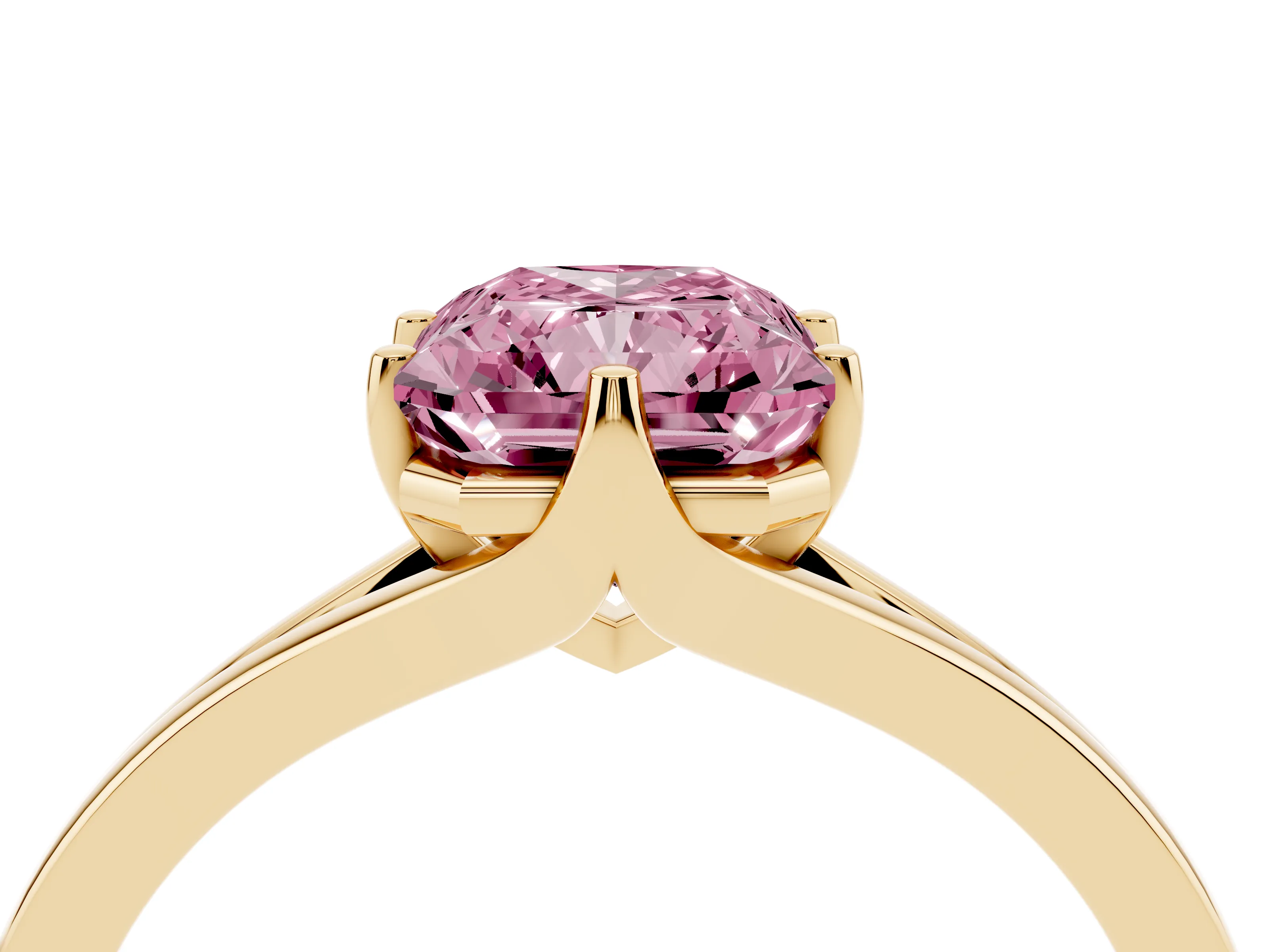 Fancy Pink Radiant Cut Diamond Solitaire Ring Set in Yellow gold with Polished Tapered Band and Prong Setting