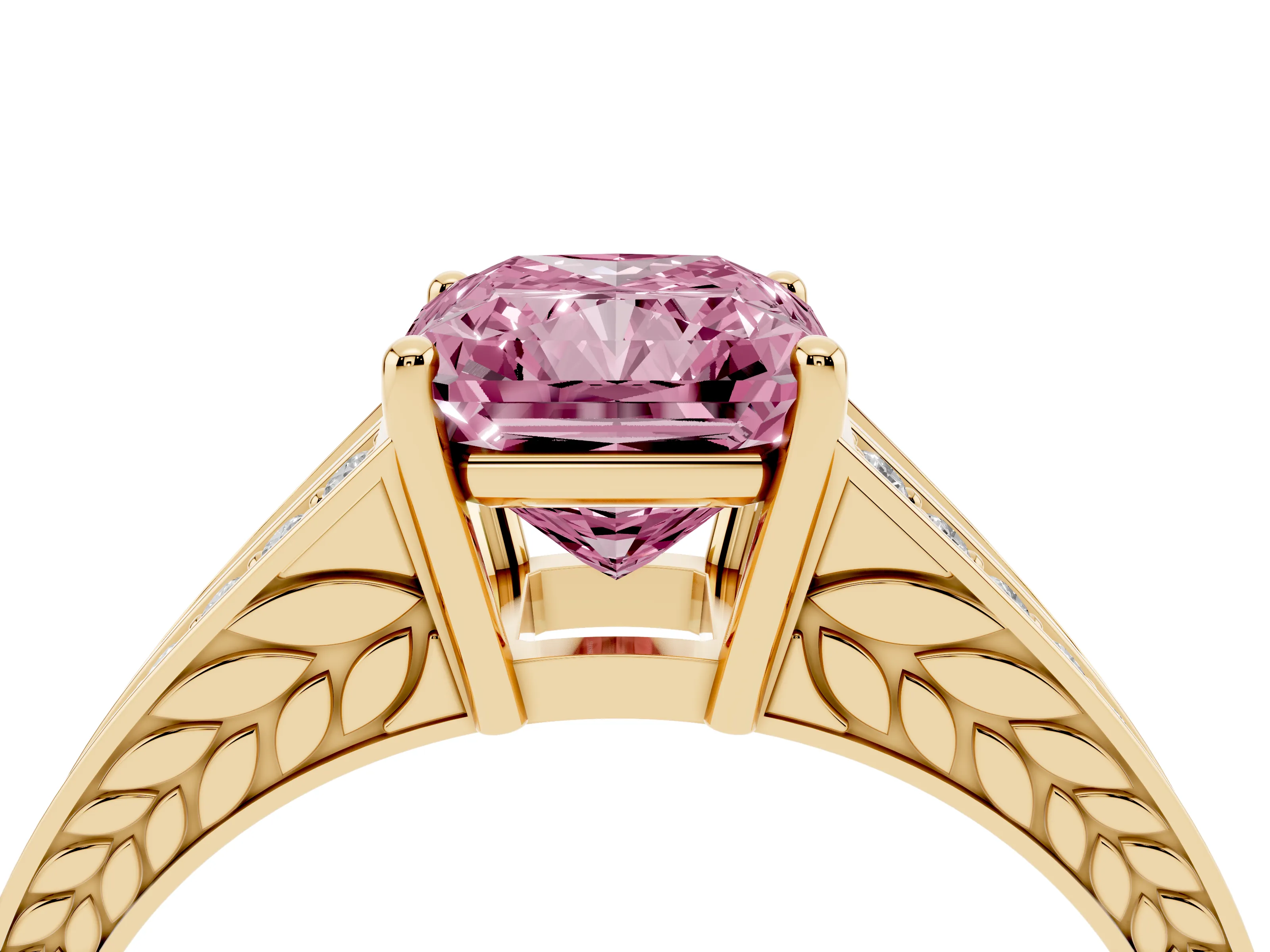 Fancy Pink Radiant Cut Diamond Split Shank Ring Set in Yellow gold with Pavé Band and Prong Setting