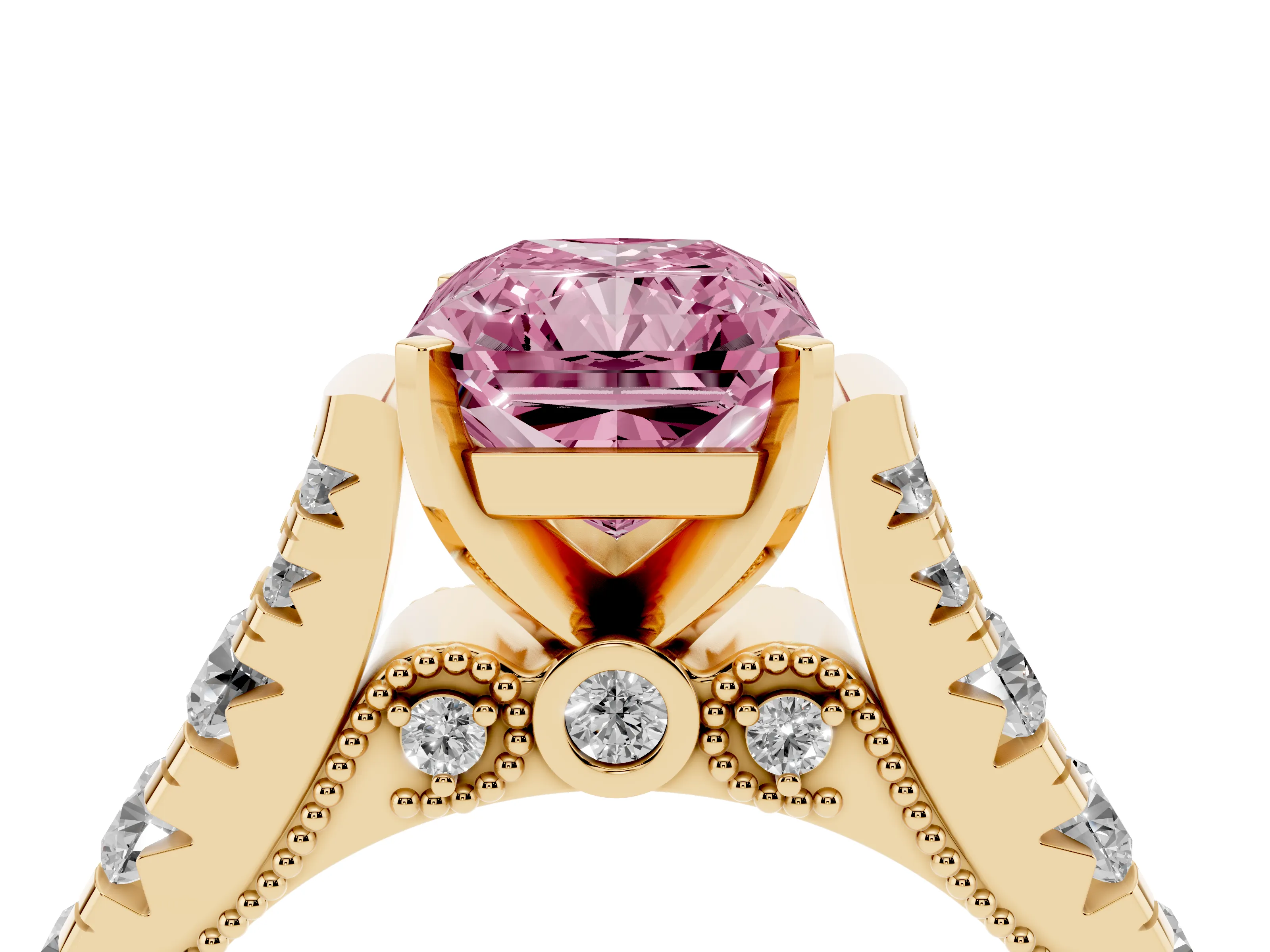 Fancy Pink Radiant Cut Diamond Classic Solitaire Ring Set in Yellow gold with Pavé Band and Prong Setting