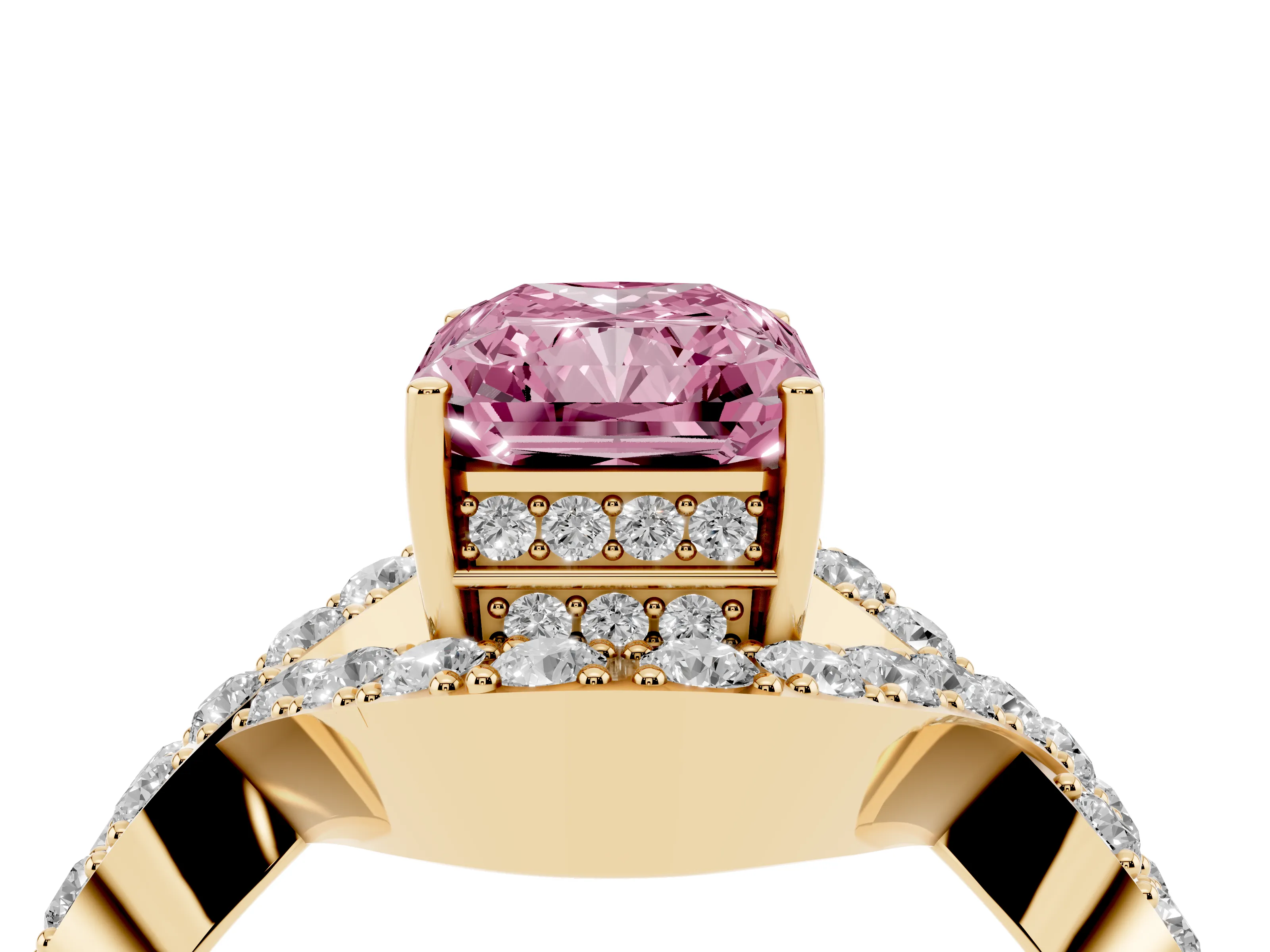 Fancy Pink Radiant Cut Diamond Solitaire Twist Band Pavé Engagement Ring Set in Yellow gold