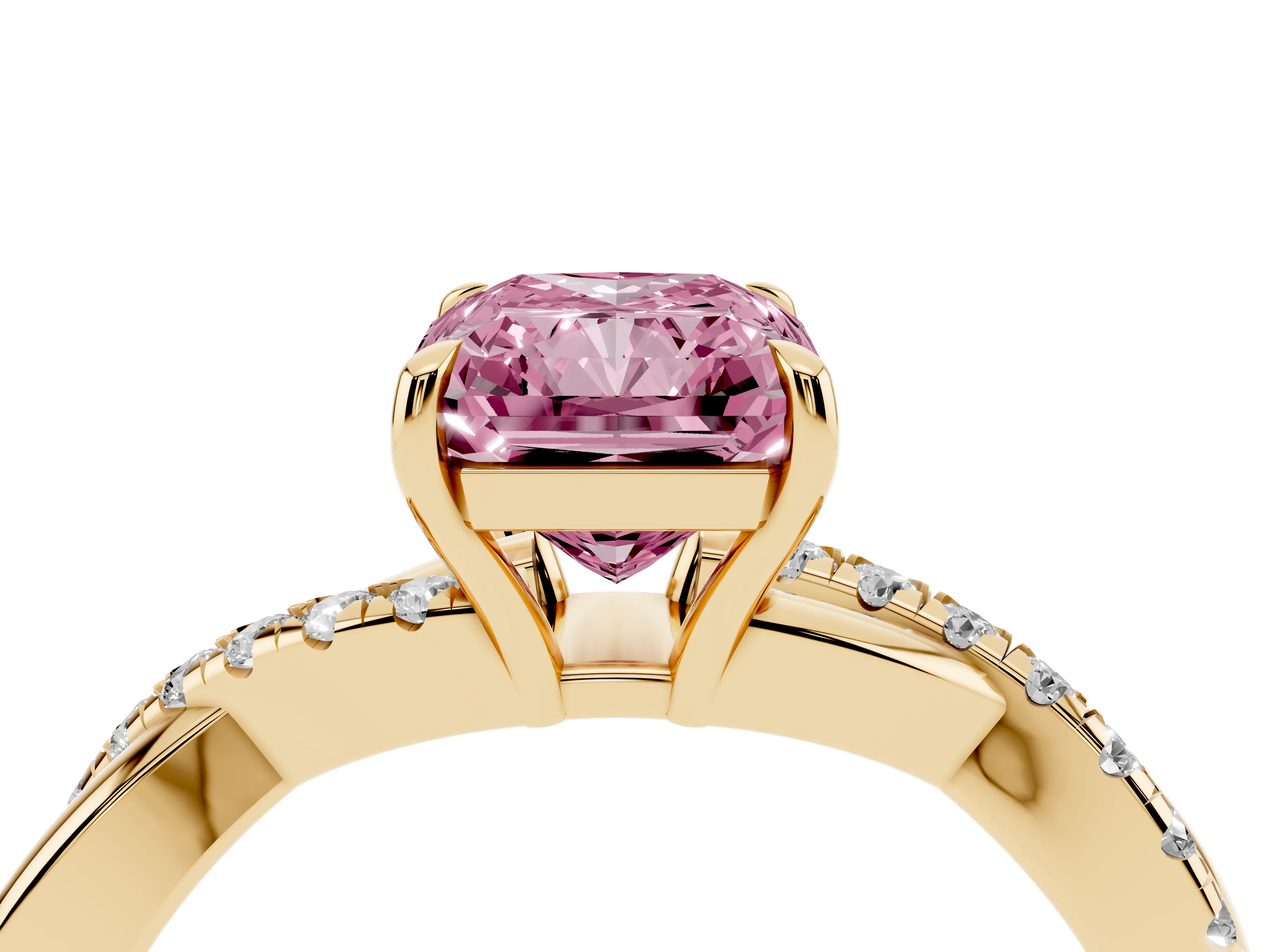 Fancy Pink Radiant Cut Diamond Twisted Pavé Band Ring Set in Yellow gold with Prong Setting