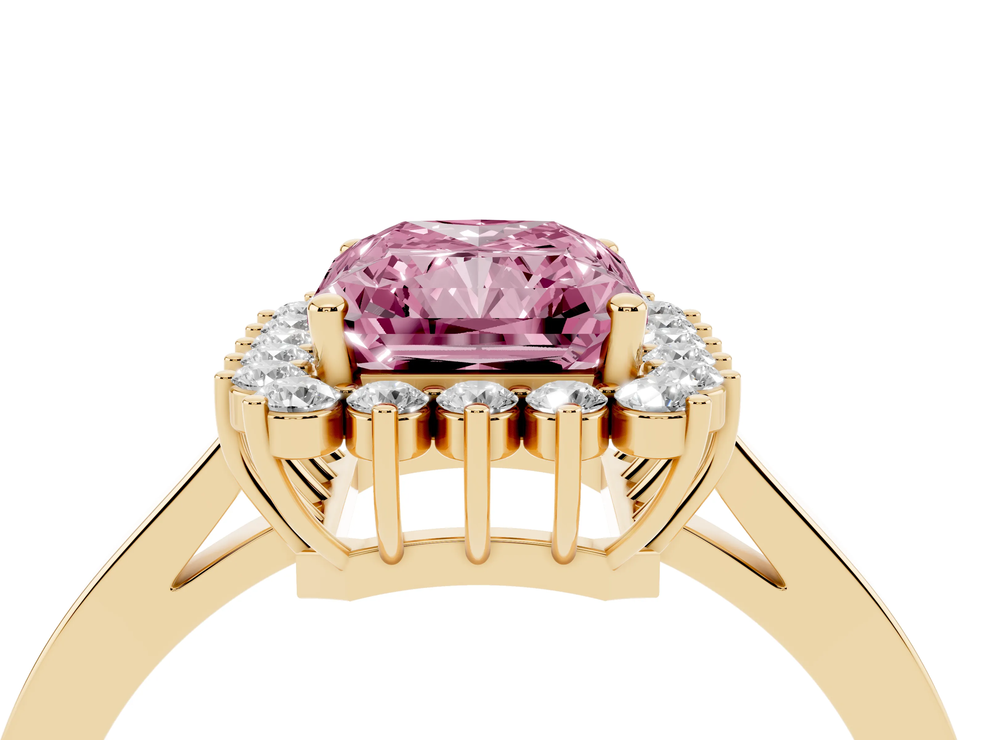 Fancy Pink Radiant Cut Diamond Halo Ring Set in Yellow gold with Round Halo and Smooth Solitaire Band