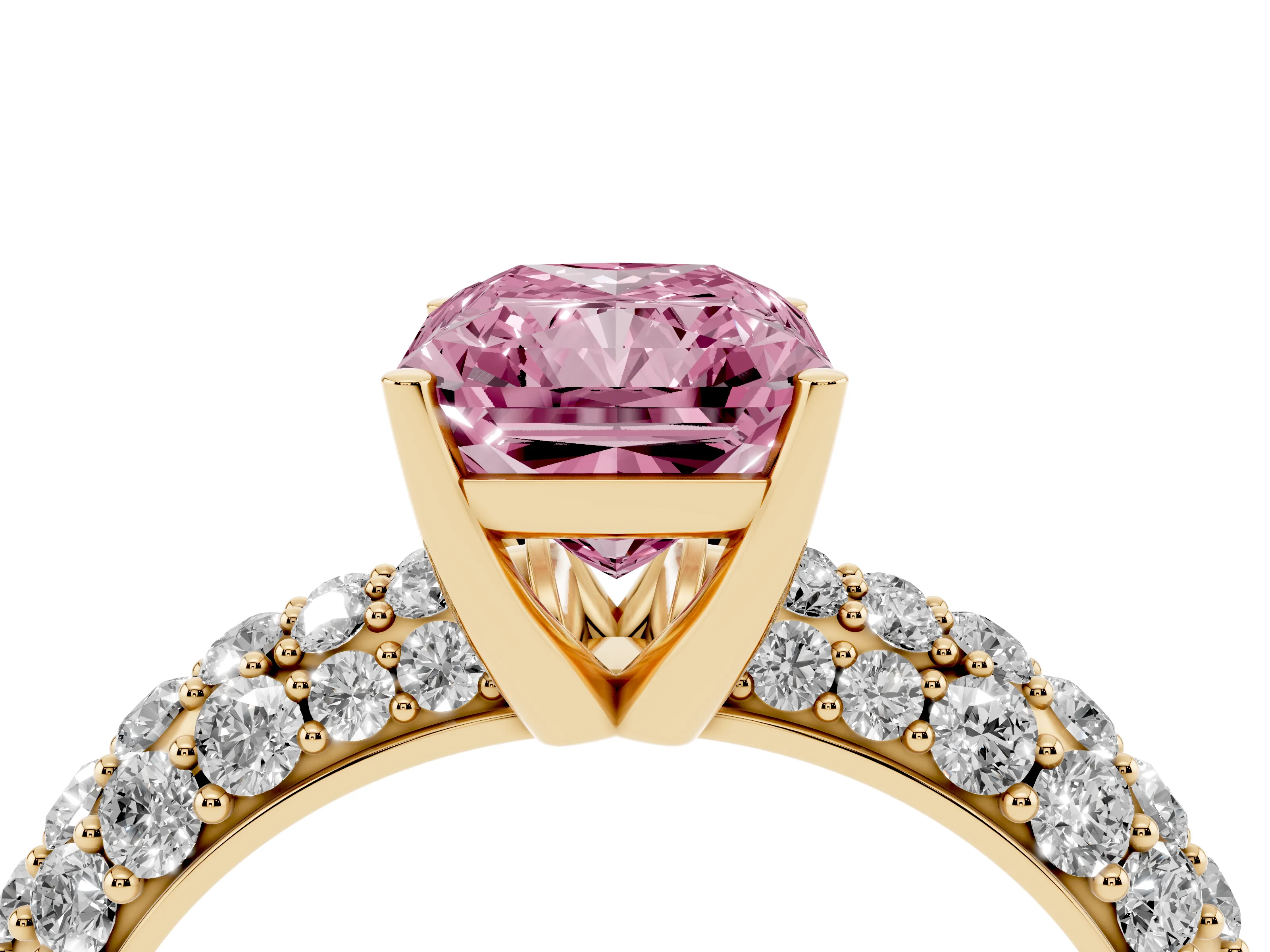 Fancy Pink Radiant Cut Diamond Pavé Band Solitaire Ring Set in Yellow gold with Close-Set Accent Stones and Prong Setting