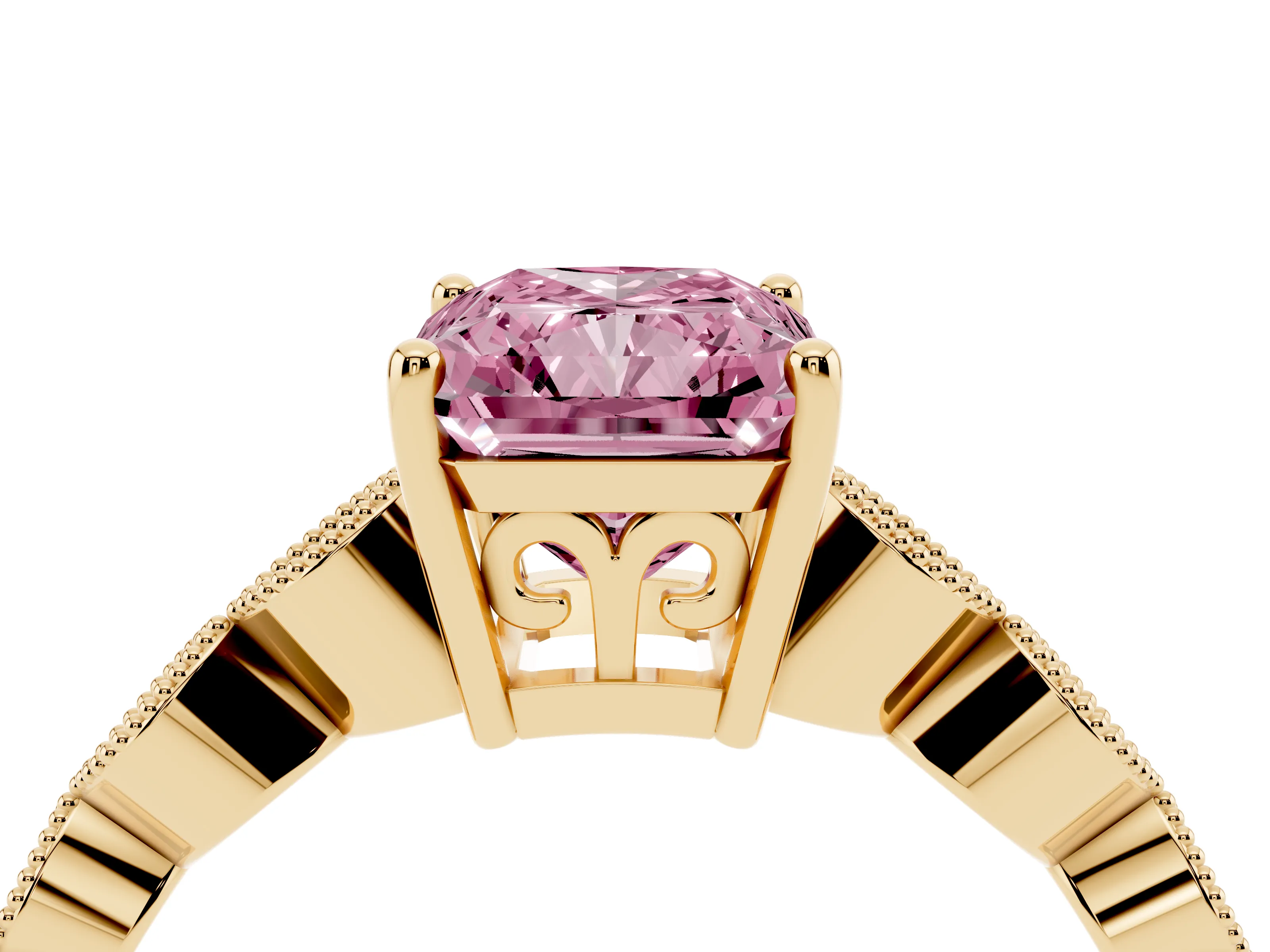 Fancy Pink Radiant Cut Diamond Solitaire Ring Set in Yellow gold with Infinity Twist Pavé Band