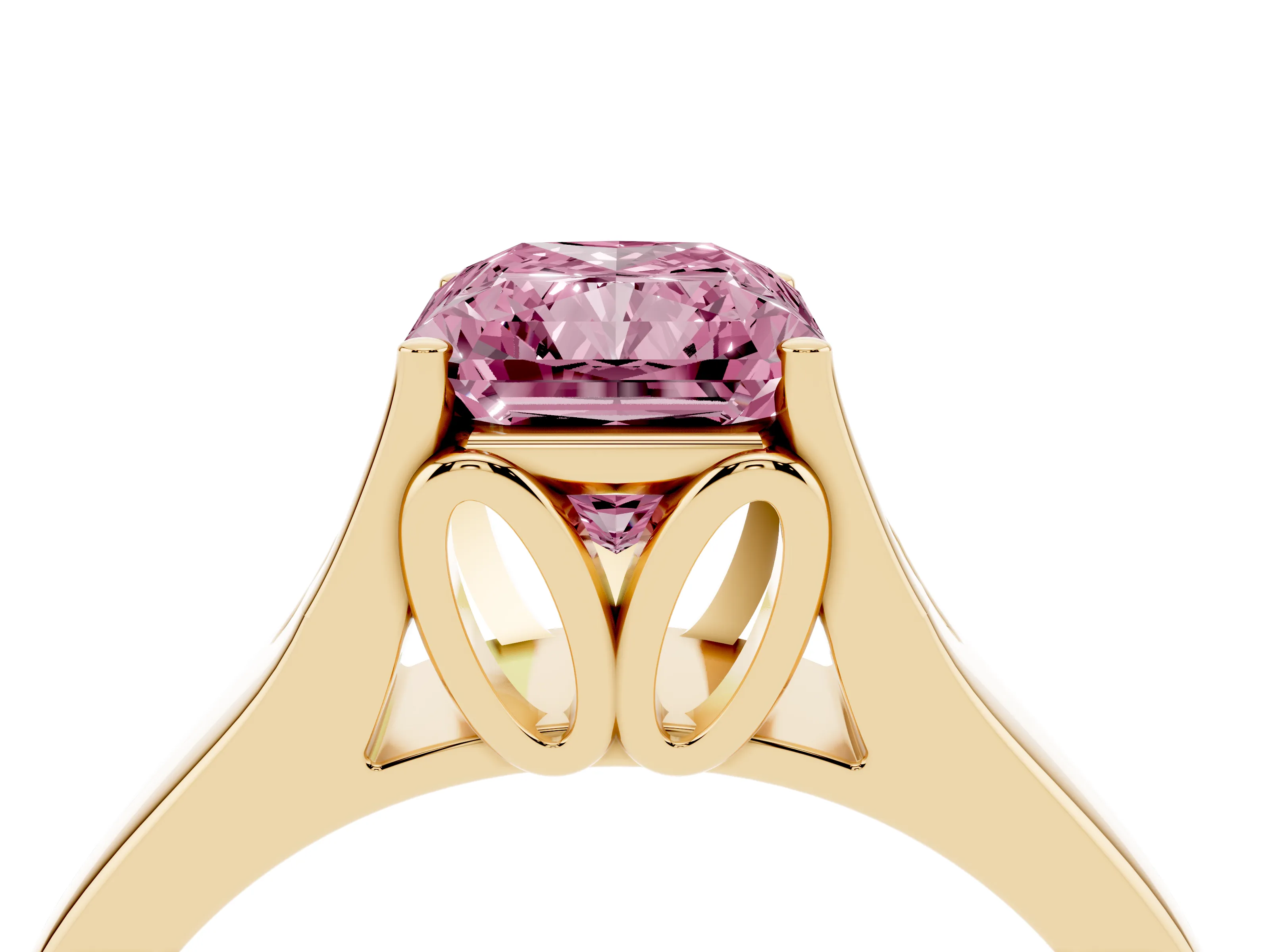 Fancy Pink Radiant Cut Diamond Solitaire Ring Set in Yellow gold with Arched Cathedral Band and Prong Setting