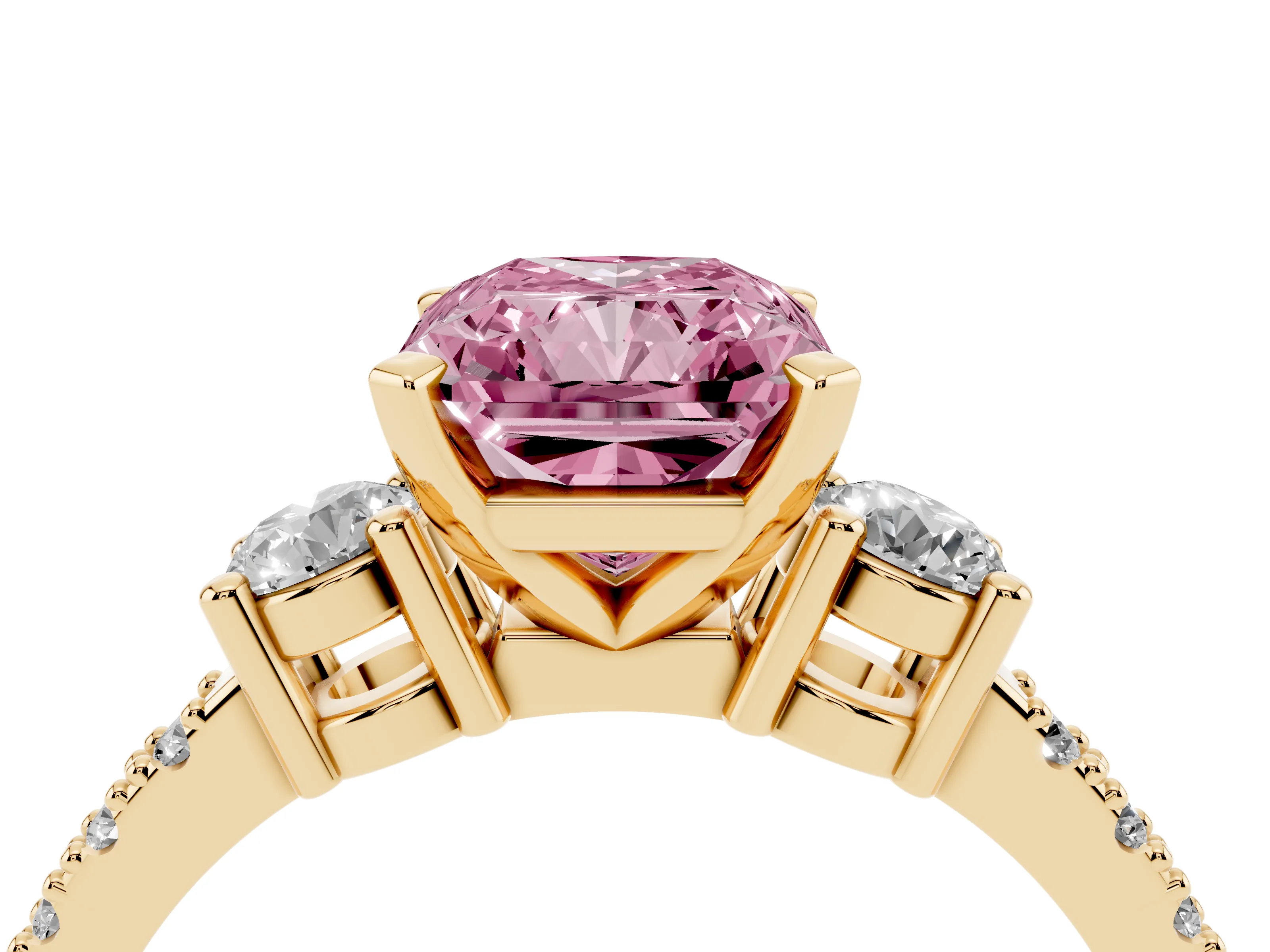 Fancy Pink Three-Stone Radiant Cut Diamond Pavé Band Ring Set in Yellow gold with Prong Setting
