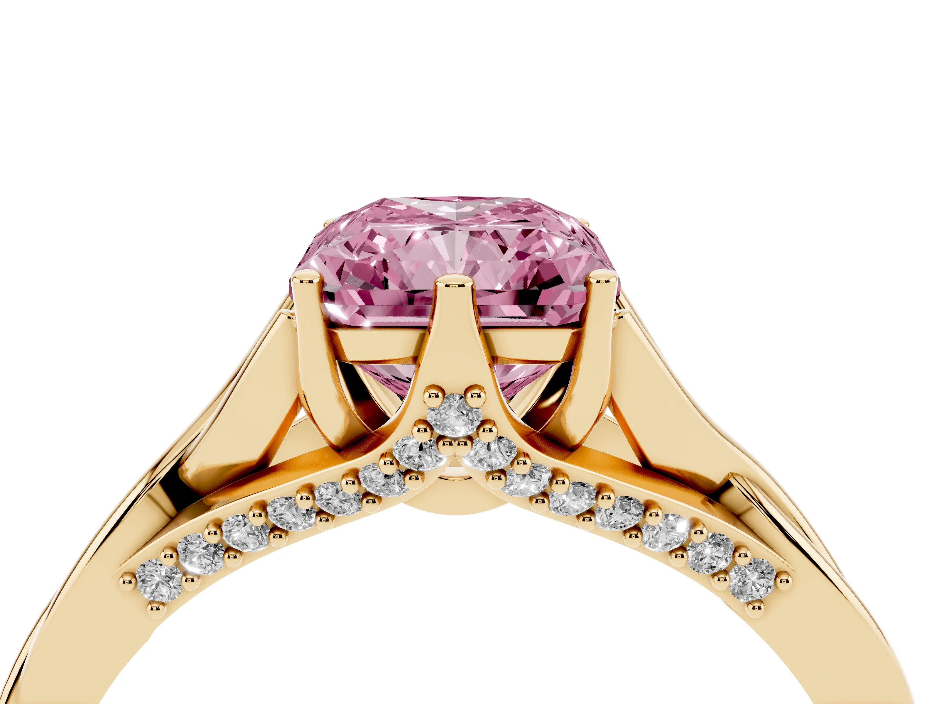 Fancy Pink Radiant Cut Diamond Intertwined Twist Band Solitaire Ring Set in Yellow gold with Prong Setting