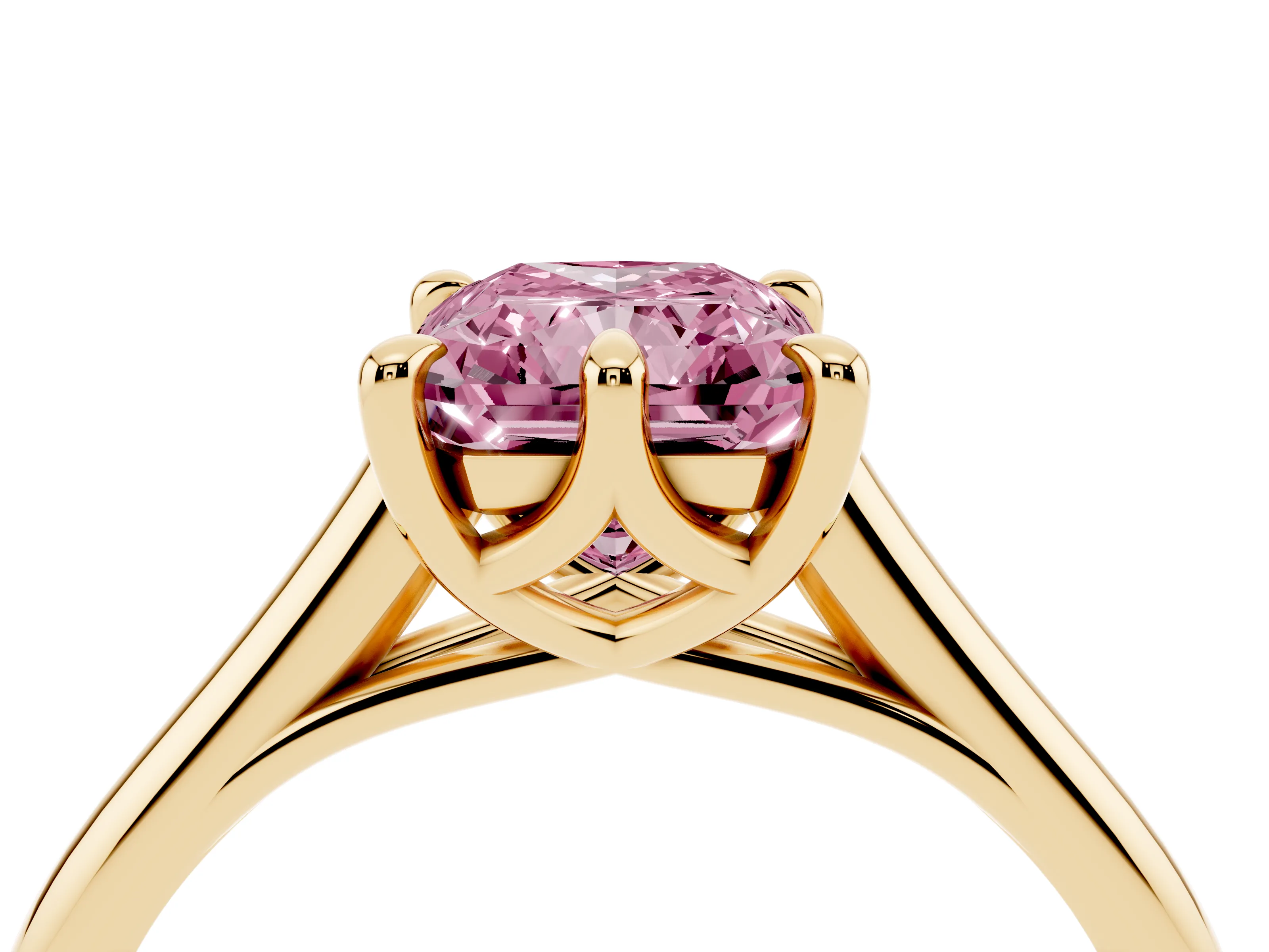 Fancy Pink Radiant Cut Diamond Solitaire Engagement Ring Set in Yellow gold with Prong Setting and Plain Classic Band