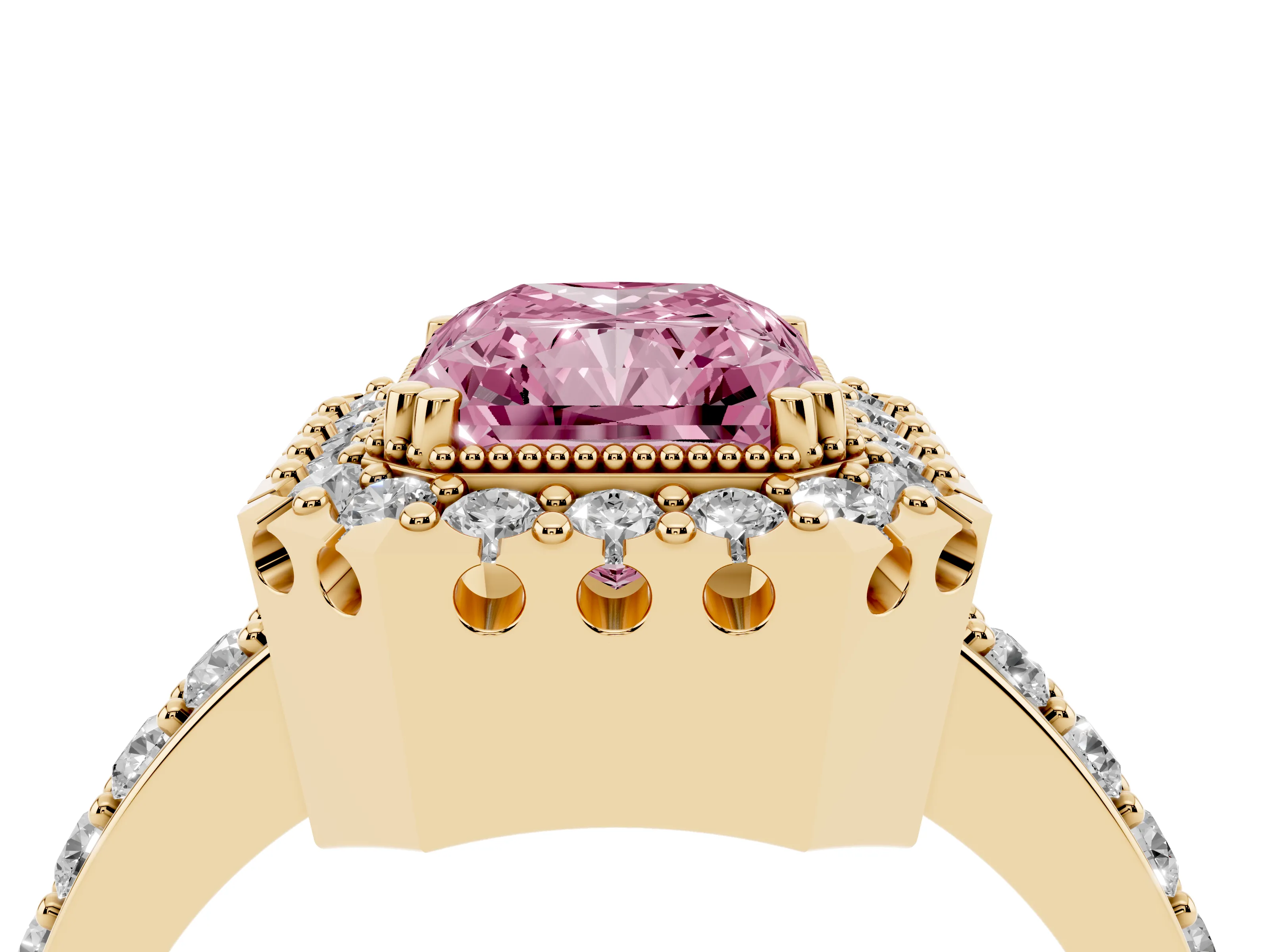 Fancy Pink Radiant Cut Diamond Halo Ring Set in Yellow gold with Pavé Shank and Prong Setting